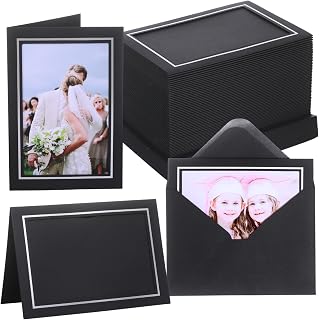 50 Pack Photo Frame Cards with Self Seal Envelopes 4x6 Paper Picture Frame Bulk Cardboard Photo Insert Card Holder for Graduation Wedding Birthday Classroom Crafts DIY - Black with Silver Lining