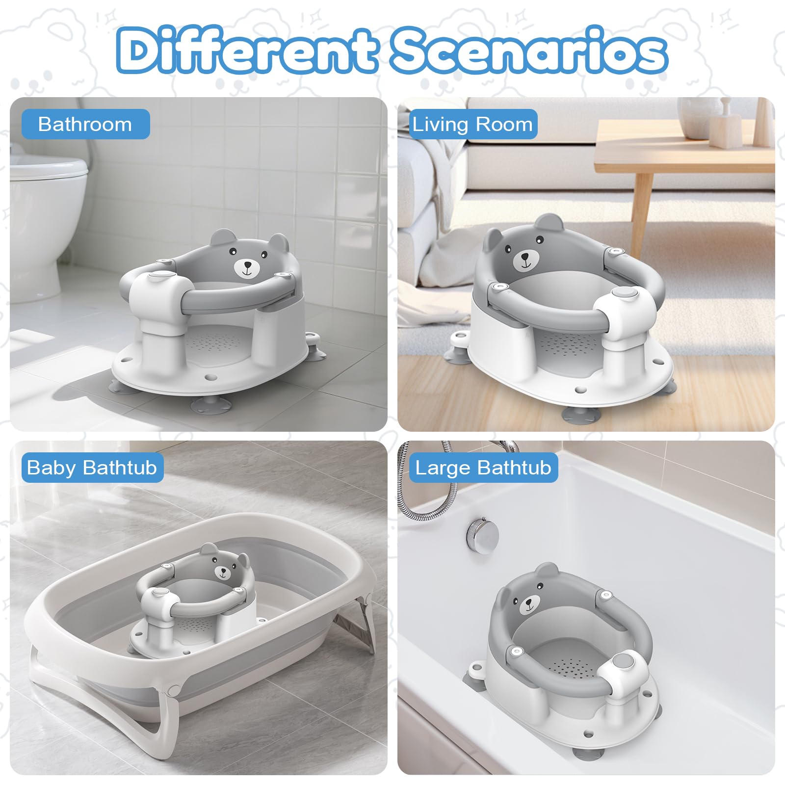 Baby SièGe Bain Ergonomique, SièGe de Bain Pour BéBé à Partir de 6 Mois, Baignoires Portables Avec 4 Ventouses Les Tout-Petits et Les Nouveau-NéS, Ours - Design (Gris)