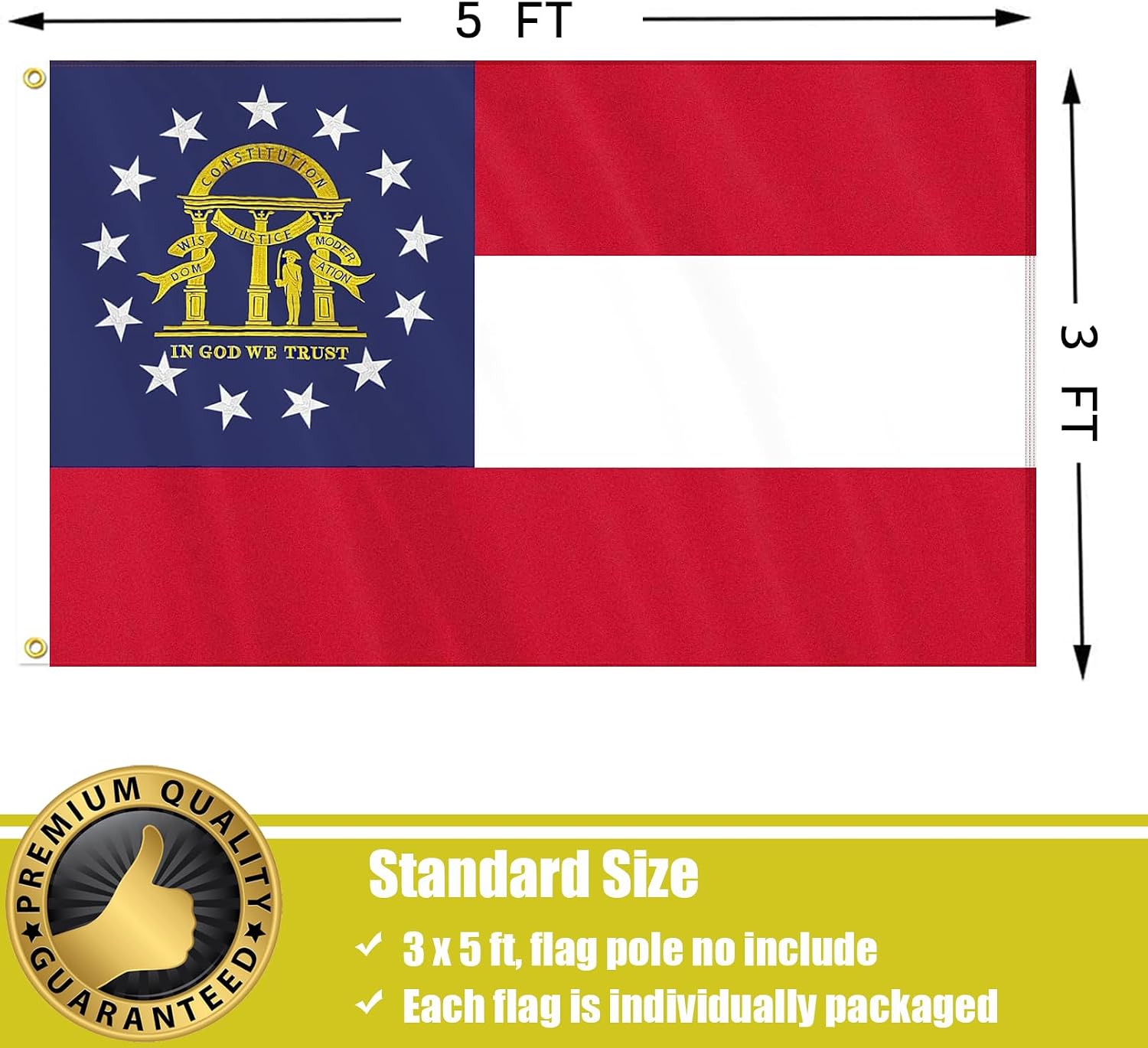 Georgia Flag Outdoor 3x5 Ft, Embroidered Sewn Stripes Georgia State Flags, Heavy Duty 210D Polyester 4 Rows Stitching GA State Flag with Brass Grommets for Outside