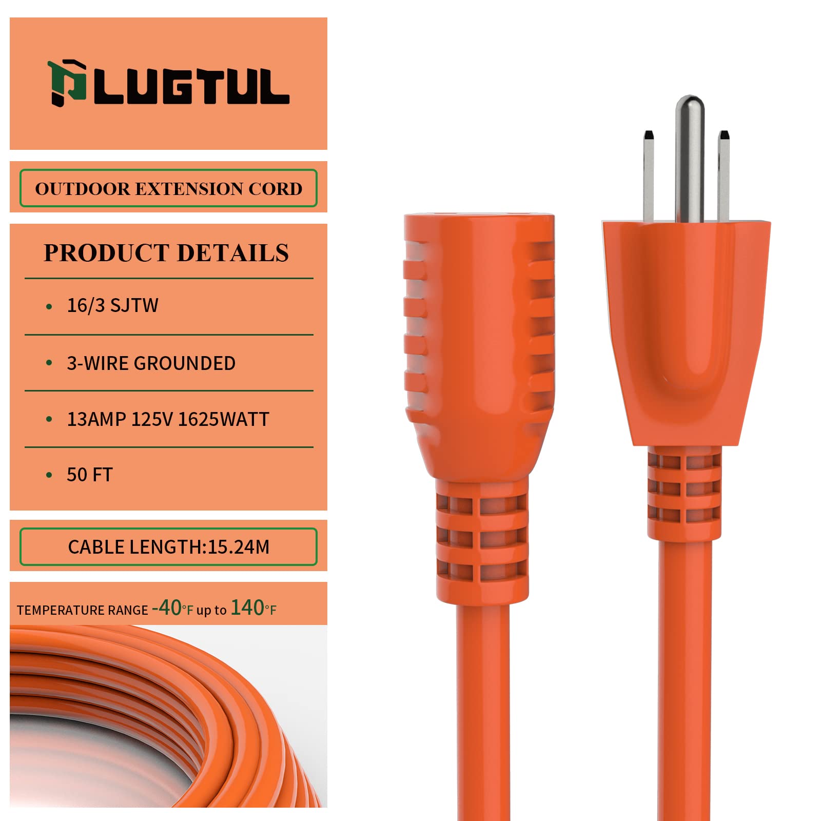 Cable de extensión para exteriores de 50 pies, resistente al agua, calibre 16/3, cable de extensión de 3 puntas, 13A 1625W SJTW, certificación ETL, ideal para jardín y hogar, color naranja
