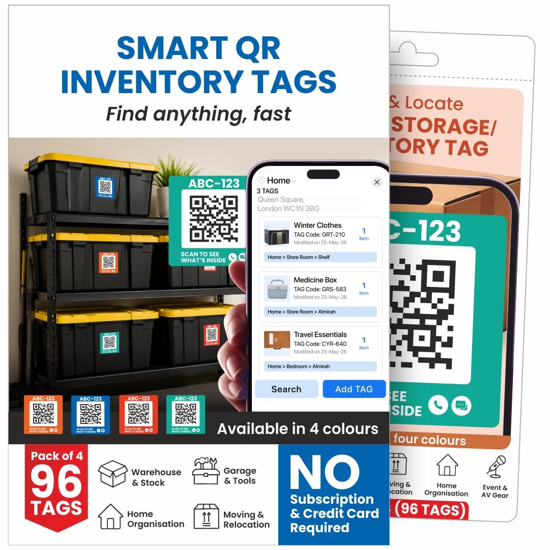 Call & Locate Inventory Smart QR Code Labels | Color Coded Scannable Stickers for Storage Bins, Moving Containers & Organization | Pack and Track Inventory on iOS & Android App- Pack of 96-image-0
