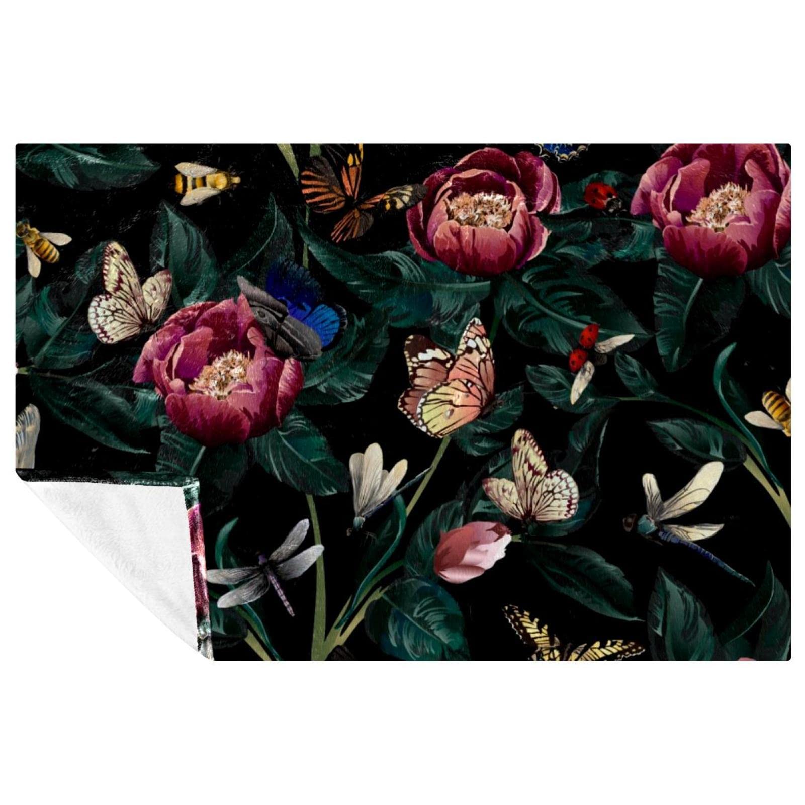Couverture chaude motif pivoine et coccinelle idée cadeau plaid lit 150x100 cm