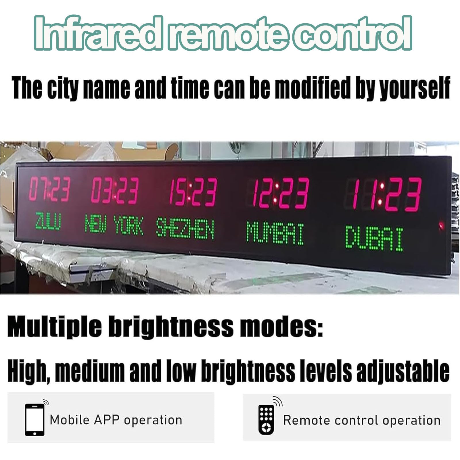Orologio orario mondiale con display a 5 città, fusi orari multipli a LED, 3 livelli di luminosità, alloggiamento interamente in alluminio per ufficio, hotel e uso aziendale