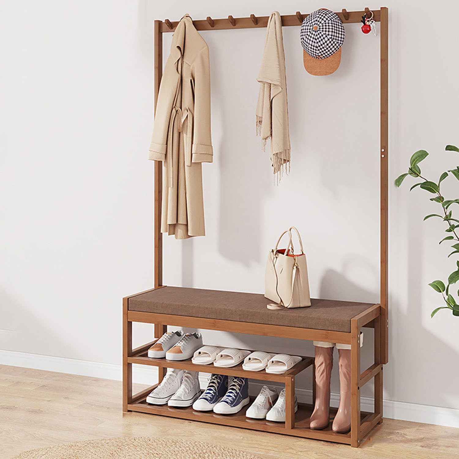 Porte-manteau industriel en bambou Nizer avec meuble à chaussures