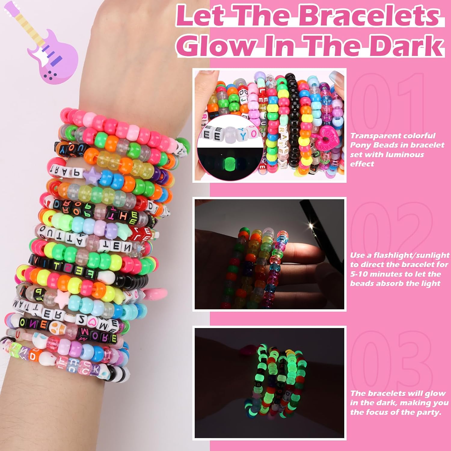32Pcs Music Party Bracelets Set Glow In The Dark EDM Music Stretch Bracelets Multi Color Beaded Cuff Music Party Favor for Women Men Friends EDM Festival