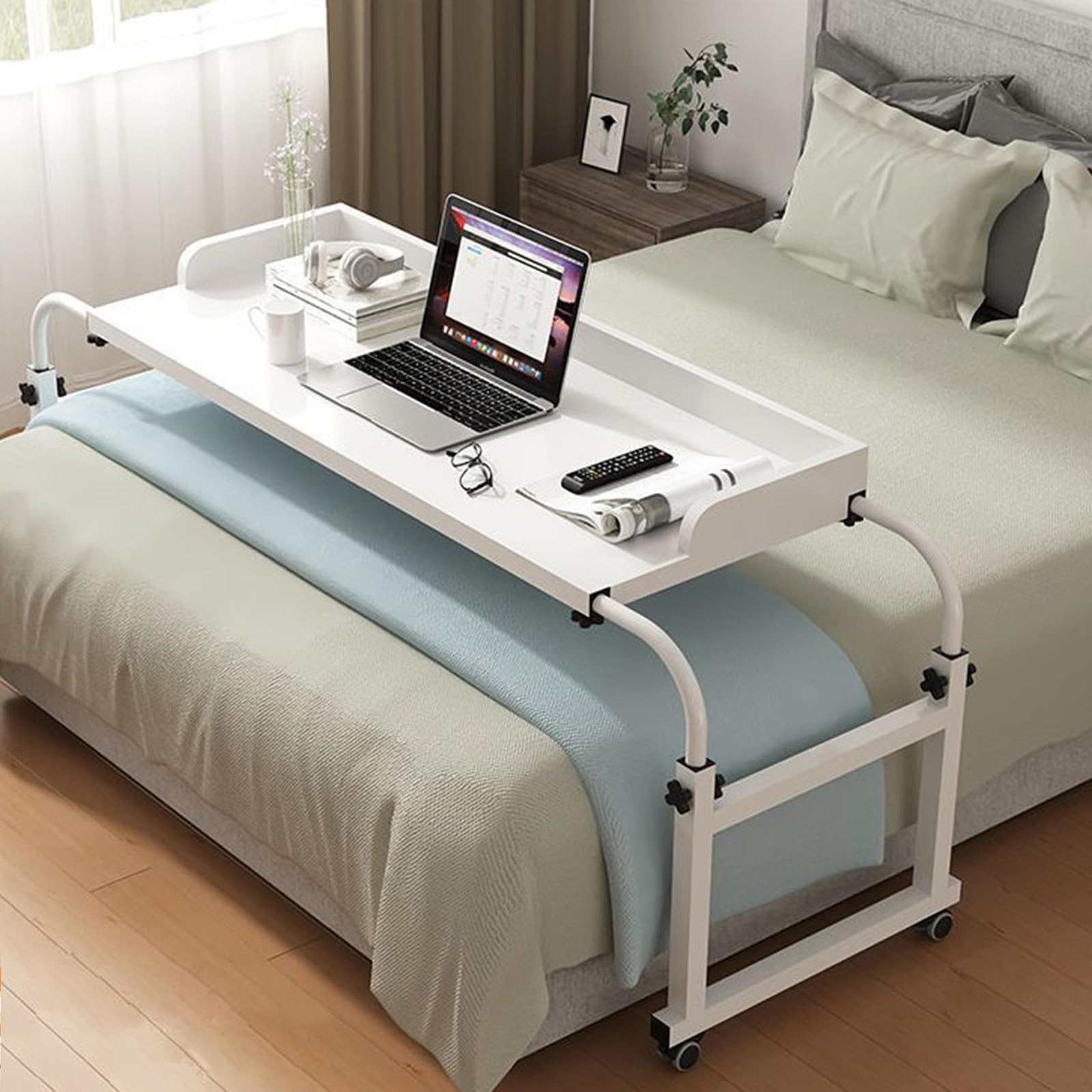 Gxqfc White Overbed Table, Mobile Laptop Table With Wheels, Adjustable Height 65-95Cm,