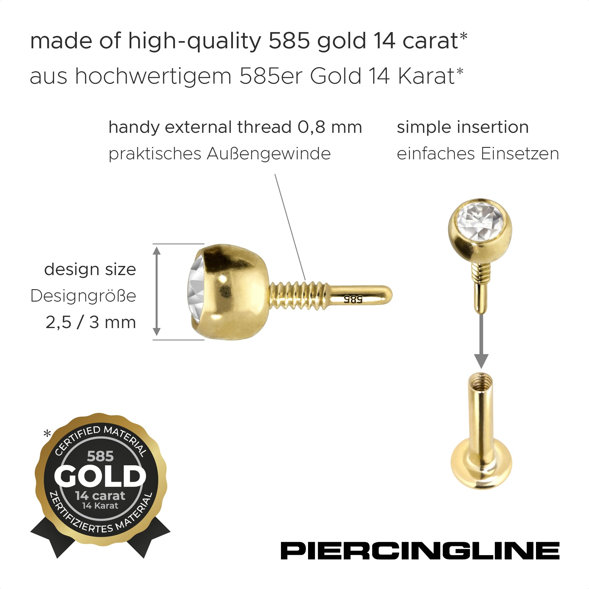 PIERCINGLINE Gold Ohr-Piercing Schraubkugel mit Gewinde OHNE Labret Stecker MOISSANIT