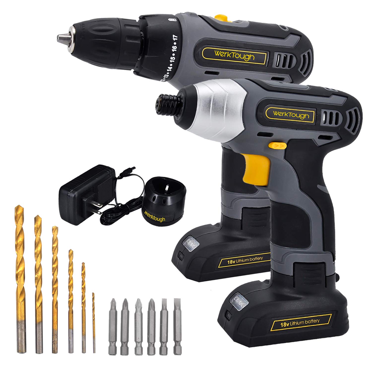 Werktough 17pcs Cordless Drill Driver Impact Screwdriver 1/4" Combo Kit 2 Lion BatterIies Tool Kit Home Improvement Tool Set Cordless Tools Home Repair With Fast Charger