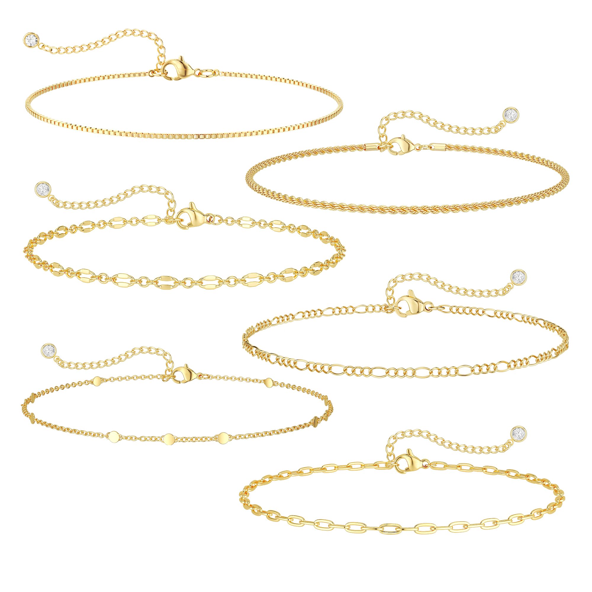 Freekiss Gold Stack Bracelets for Women: Dainty Thin Bracelet Set Trendy 14K Gold Plated Waterproof Bracelets for Women Adjustable Tennis Beaded Figaro Rope Paperclip Box Link Bracelet Gold Jewelry