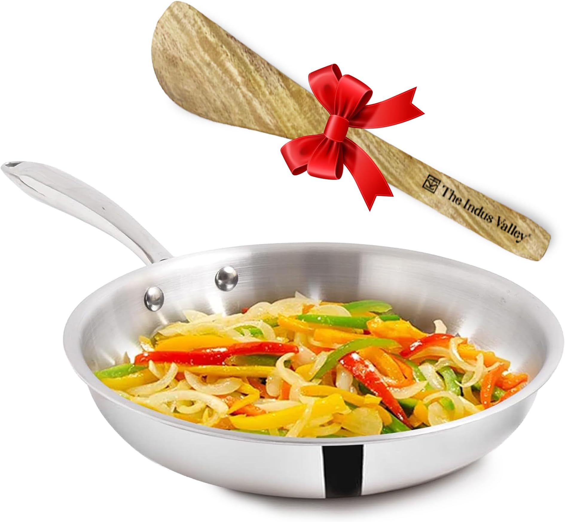 The Indus Valley Triply Stainless Steel Fry Pan with Free Wooden Spatula | Medium, 24cm/9.4 inch, 1.7Ltr, 1kg | Induction Friendly | Nonstick 3-Layer Body, 100% Pure & Toxin-Free, No Chemical Coating