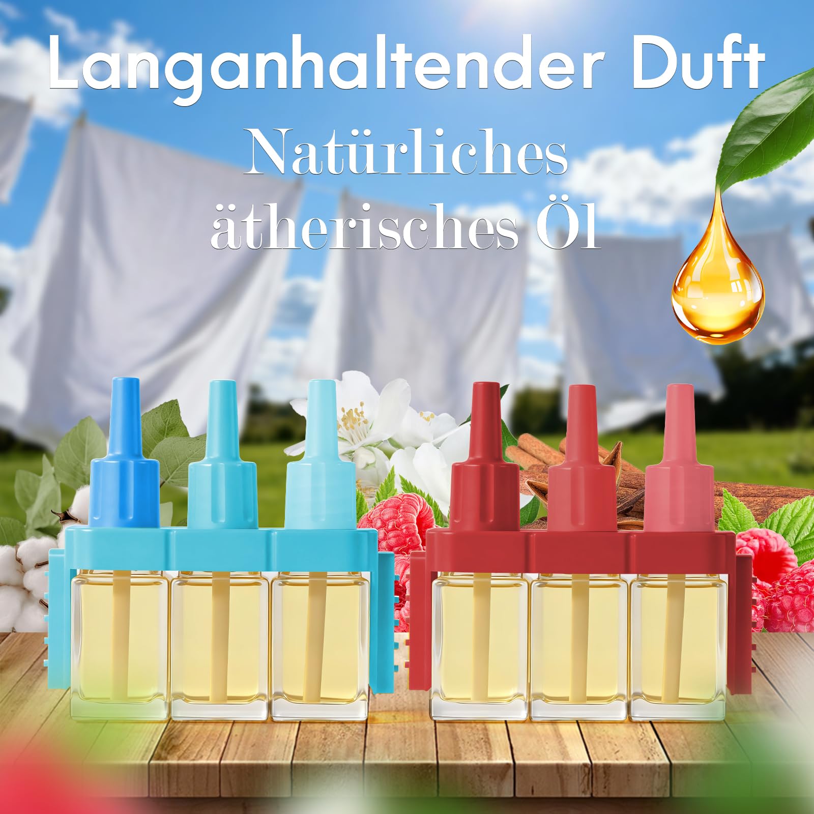 Désodorisant Électrique, 8 Recharges de 20ml avec 3 Parfums en Alternance, Combat les Odeurs en Continu, Convient pour Febreze 3 Evolution - Lin, Coton, Océan, Framboise, Jasmin, Baies