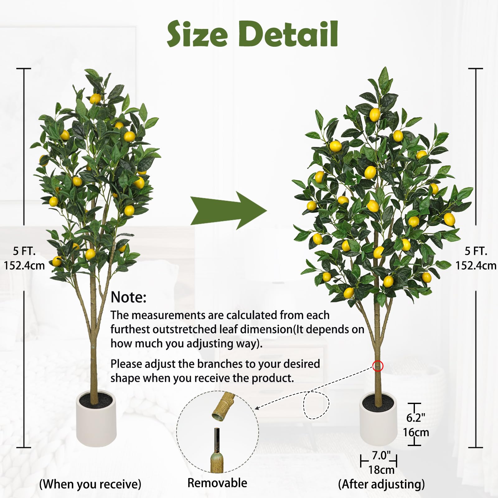 Oairse Kunstpflanzen Groß Zitronenbaum 150cm Kunstpflanze Künstliche Pflanze Kunstblume Innendekoration Kunst Pflanze wie echt im Topf für Tischdekoration, Büro, Badezimmer, Schlafzimmer, Wohnzimmer