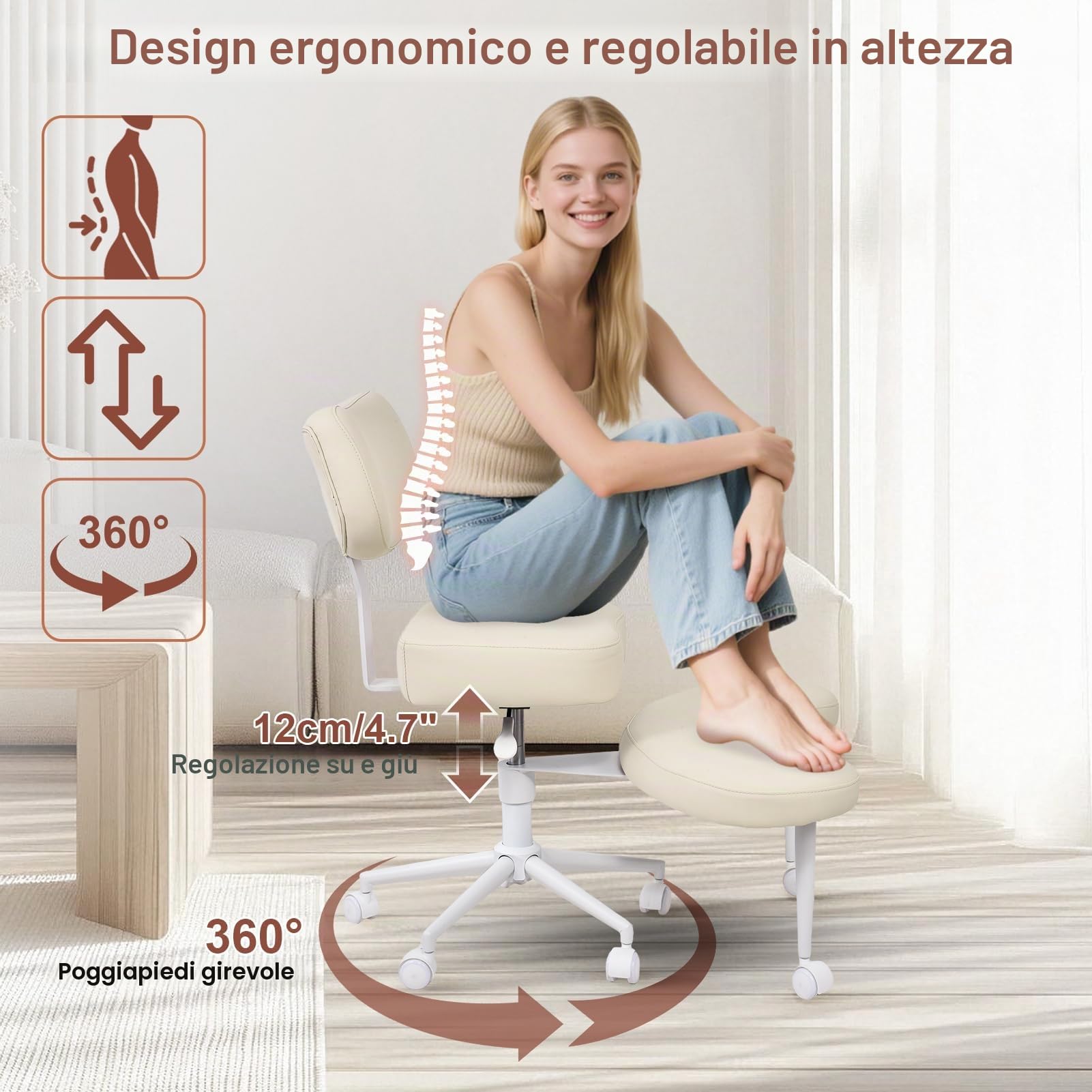 Nuova sedia da meditazione, sedia da ufficio con gambe incrociate e ADHD con ruote, supporto ergonomico per schiena e gambe, seduta regolabile in altezza per meditazione, home office, forte supporto