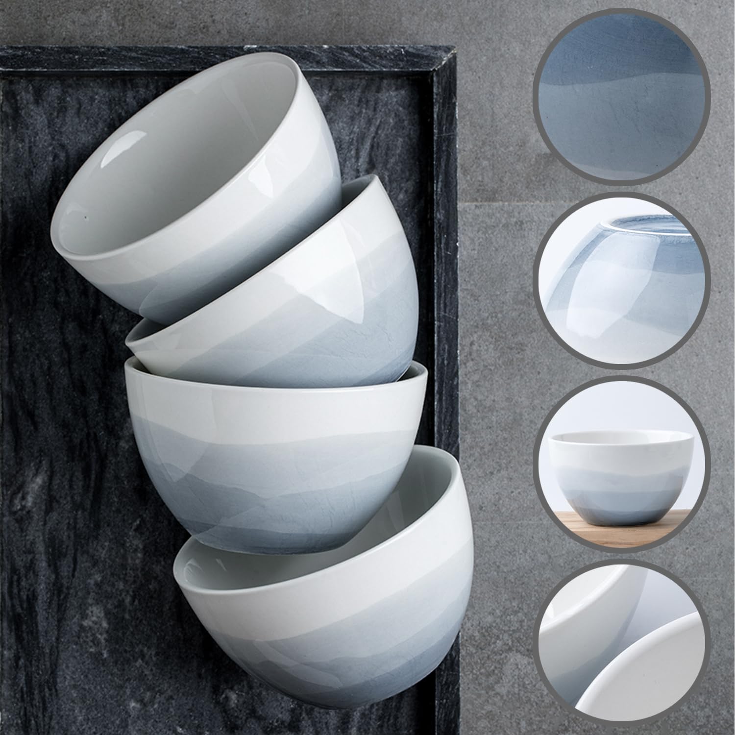 Großes Müslischüssel-Set, 400 ml, Suppenschüsseln, mikrowellengeeignet, Reisschalen, Frühstücksschalen, Keramik-Müslischalen (weiß und blau, 4 Stück)