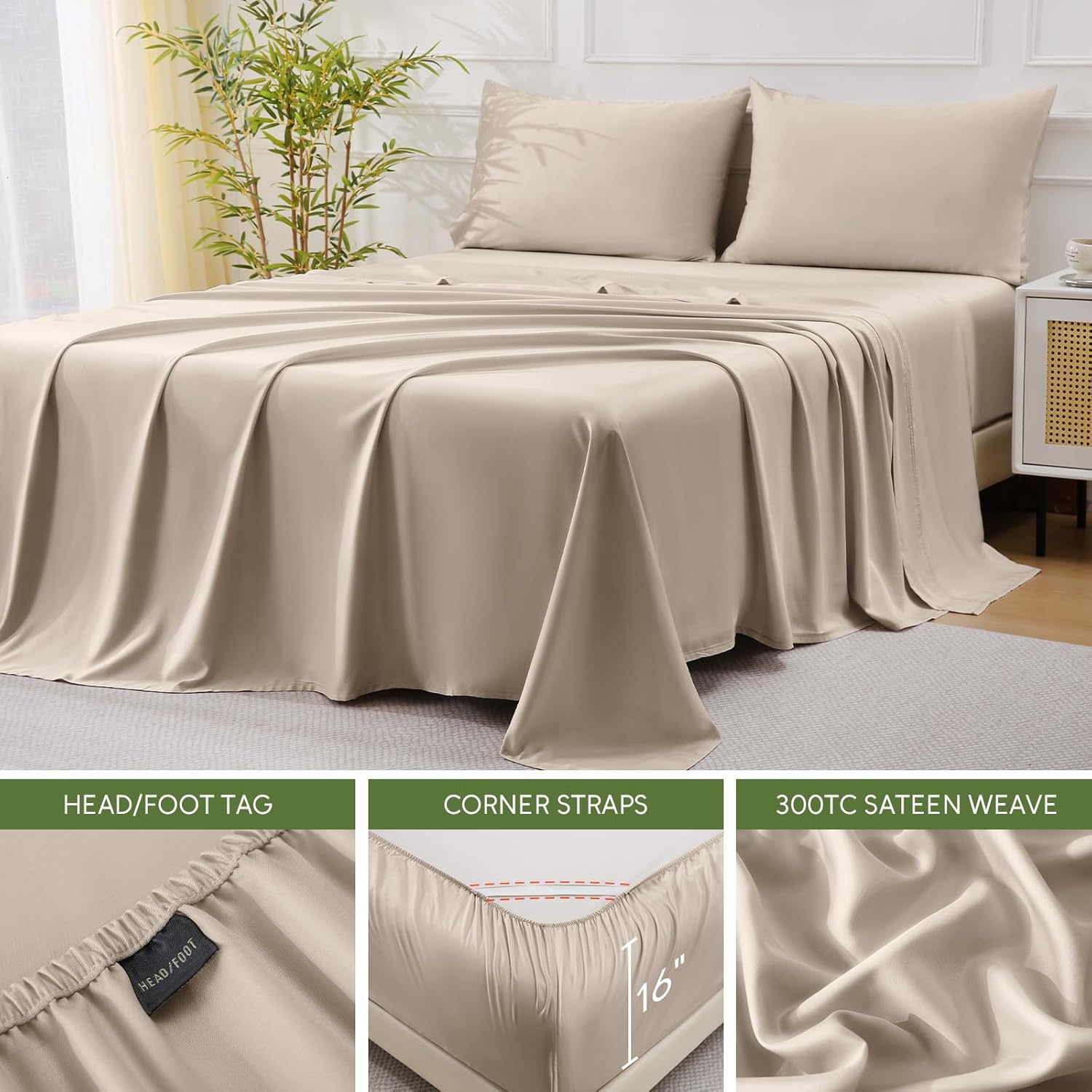 100% Organic Viscose Derived from Bamboo, 4-Piece King Bed Sheet Set, Ultra Soft & Luxuriously Cooling Sheets, Deep Pocket Fits 16" Mattress, Perfect for Hot Sleepers, Sand - Image 5