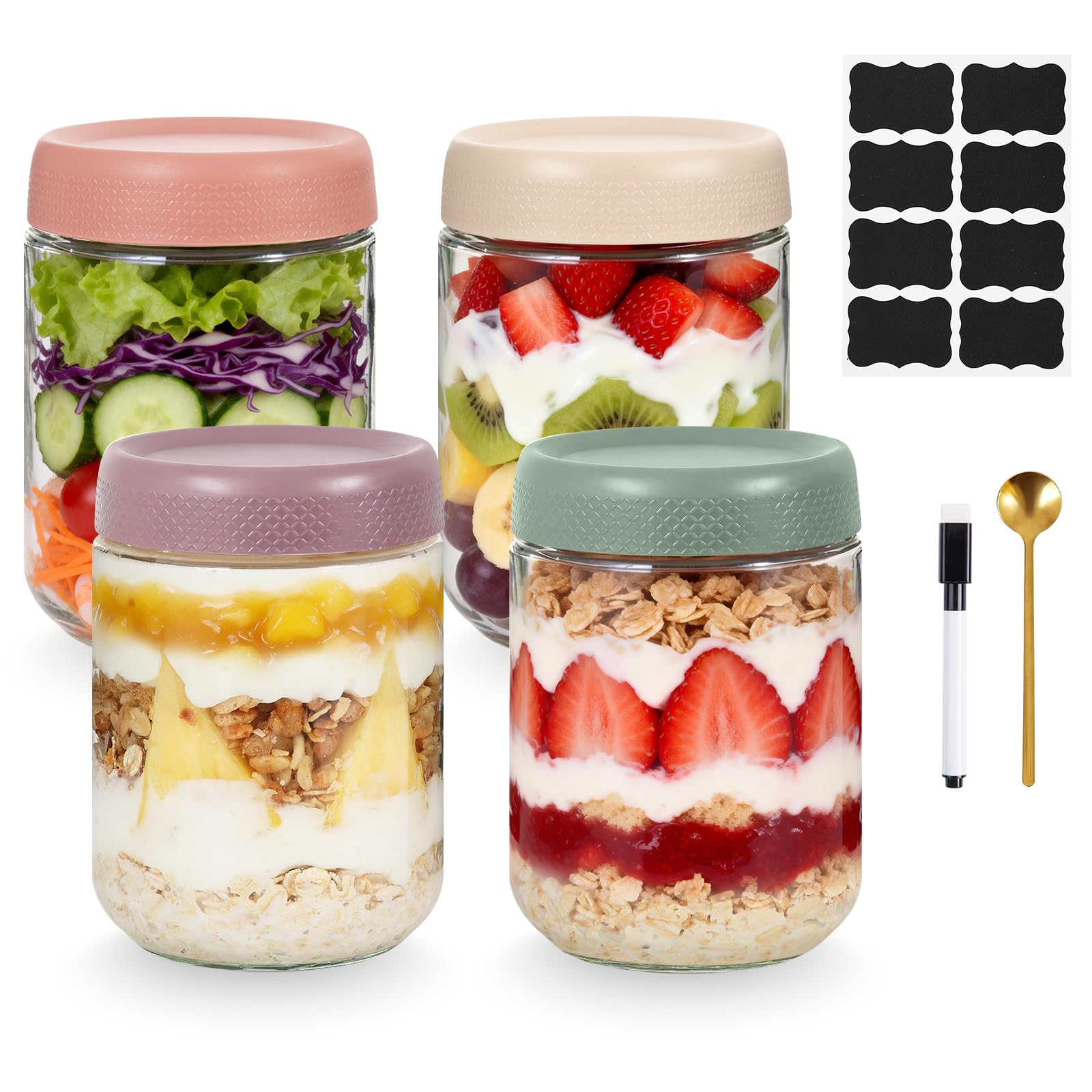 Overnight Oats Jar, 4 Pack 500ml/16oz Glass Container with Lids Leakproof Overnight Oats Container, Glass Jars for Overnight Oats, Yogurt Pot, for Homemade Cereals Milk Fruit Condiment Dressing (A)