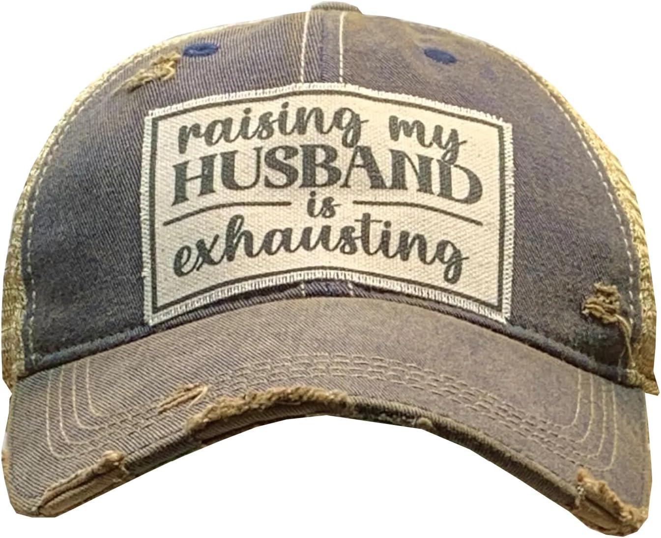 VINTAGE LIFE Raising My Husband is Exhausting Distressed Trucker Cap, Navy Blue, Cotton, Polyester, Indoor, Outdoor - Image 2