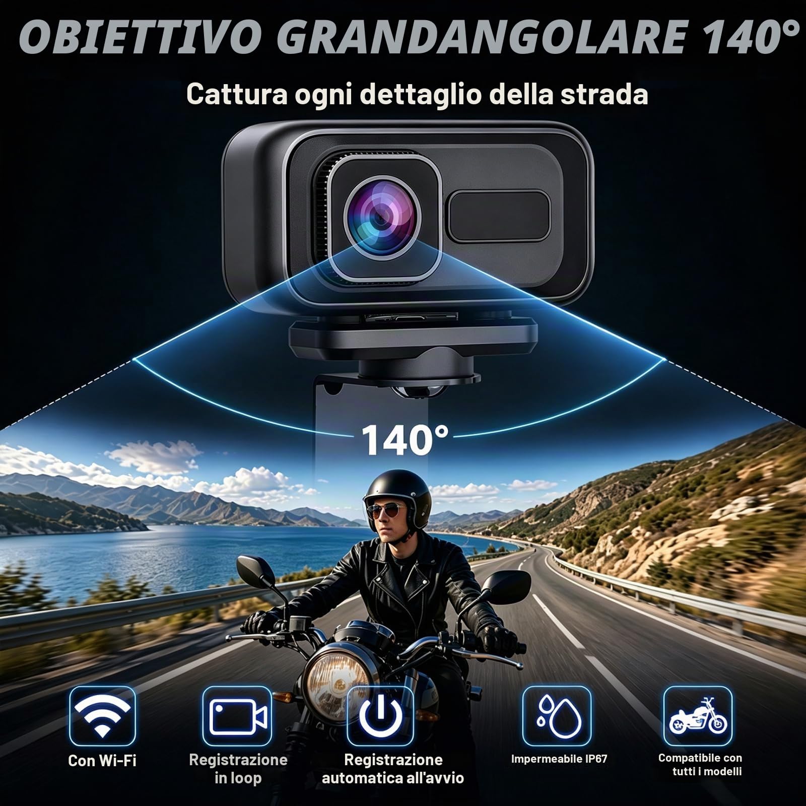 Action Camera portatile, 2K e 120°, grandangolo per moto, Wi-Fi, sensore G, blocco collisione, con IP65, per moto, bici elettriche e sport all'aria aperta