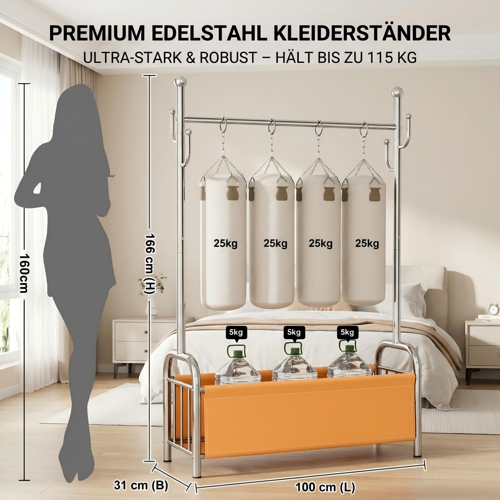 Appendiabiti da Terra con Ruote in Acciaio Inox, Stand Appendiabiti con Cesto Portaoggetti, Barra Appendiabiti Stabile, 3 in 1 per Organizzazione Vestiti, Portata fino a 115 kg