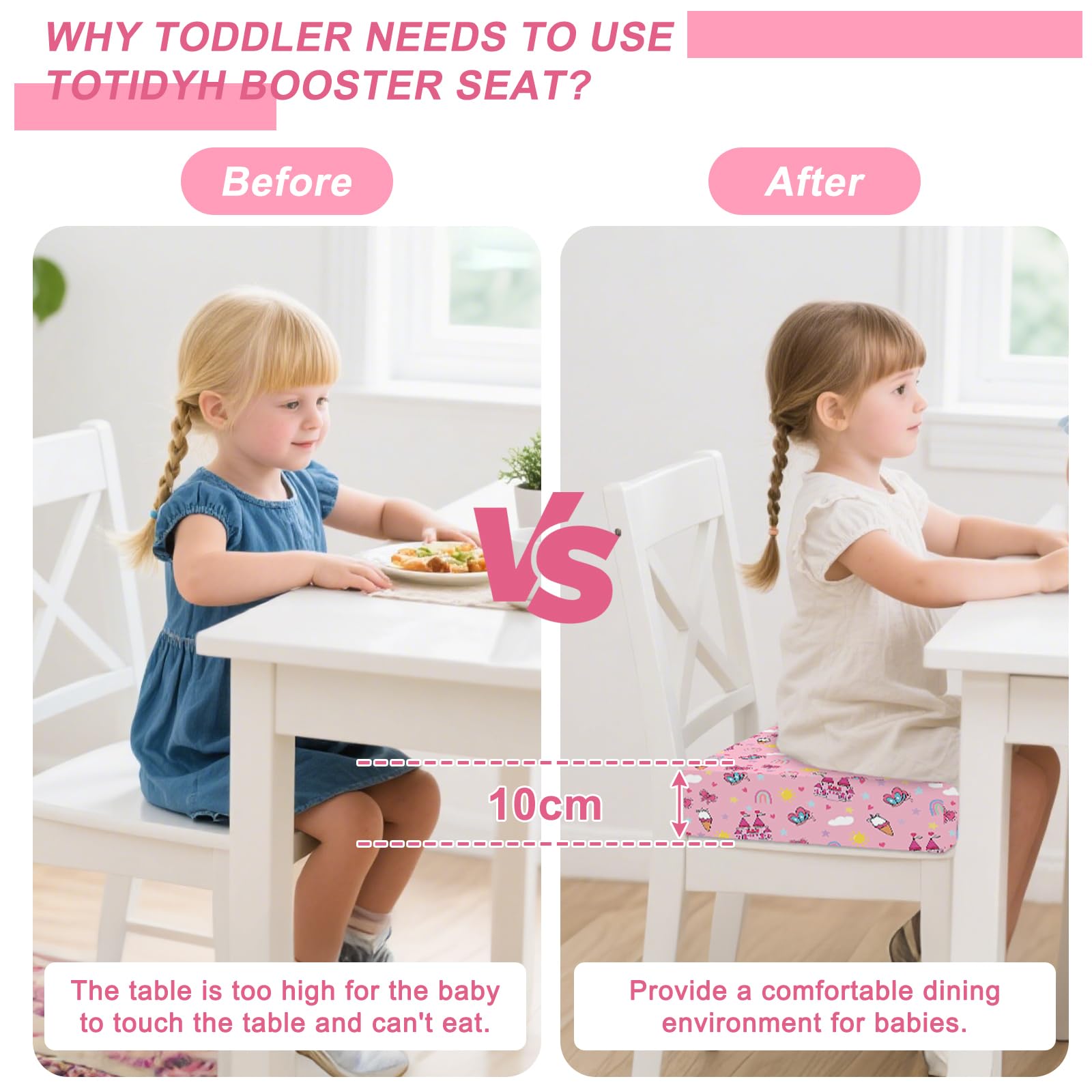 Capslpad Coussin rehausseur pour table à manger avec dossier, fond antidérapant et ceinture de sécurité réglable, imperméable, 10 cm d'épaisseur, motif dessin animé, amovible, lavable, portable - Rose