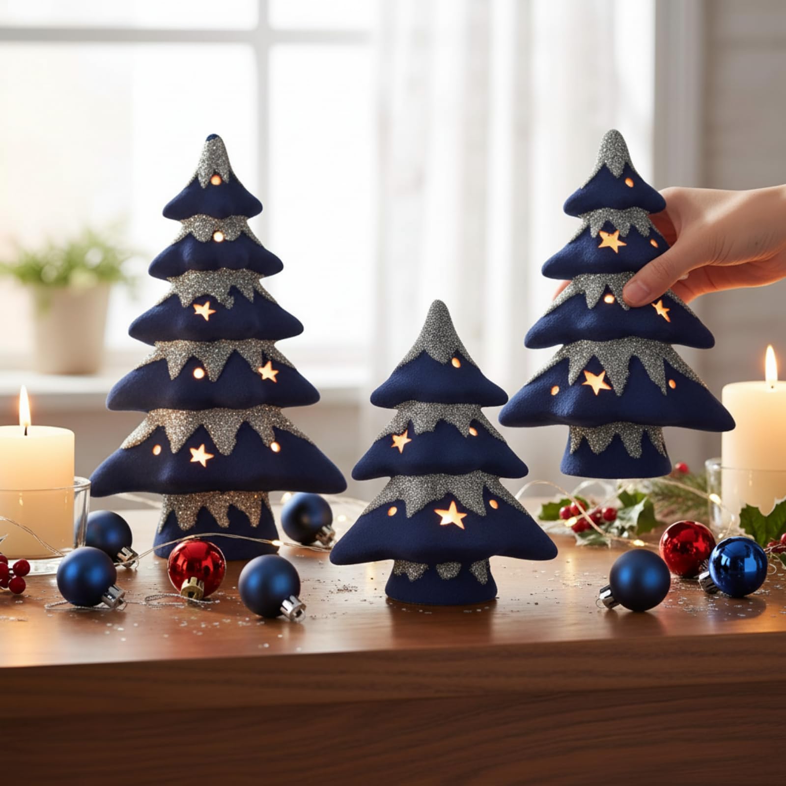 Photo 1 of *MAJOR DAMAGE*
Bucherry 3 Pcs Velvet Ceramic Christmas Tree with Lights Christmas Table Decorations, Navy Blue Velvet Xmas Tree Hollowing Porcelain Tabletop Decor for Winter Home Mantle Tray Table Centerpiece
