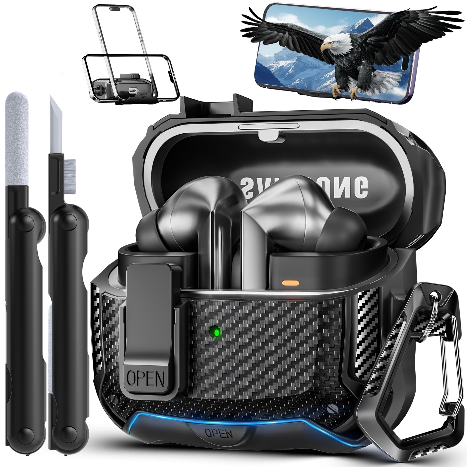 MCTOPZO with Phone Stand for Samsung Galaxy Buds3 FE (2025) / Buds3 Pro (2024) / Buds 3 Case (2024),with Secure Lock Clip & Cleaning kit Full Body