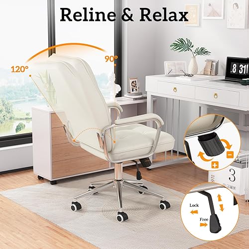 Miniatura 5 de Silla de oficina blanca con cuero suave, silla giratoria de escritorio ejecutiva con ruedas y brazos acolchados, altura ajustable