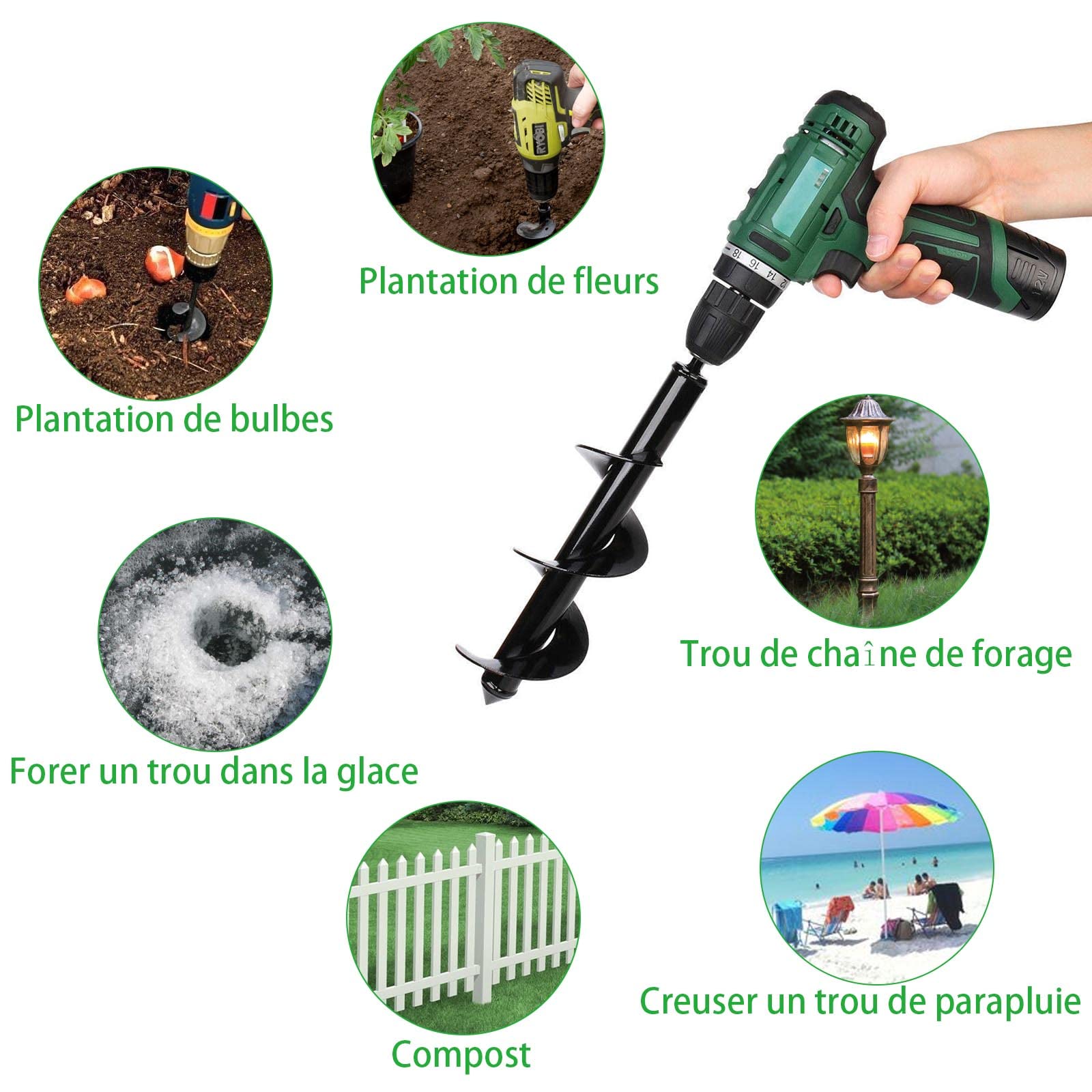 SENENQU 3PCS Tariere pour Perceuse Mèche Jardin Ø 80mm×300mm+ Ø 40mm×420mm+ Ø 40mm×220mm Foreuse Jardin en Spirale avec Gants Jardinage - Rapidement Creuser des Trous - Outil Foret Tariere Perceuse