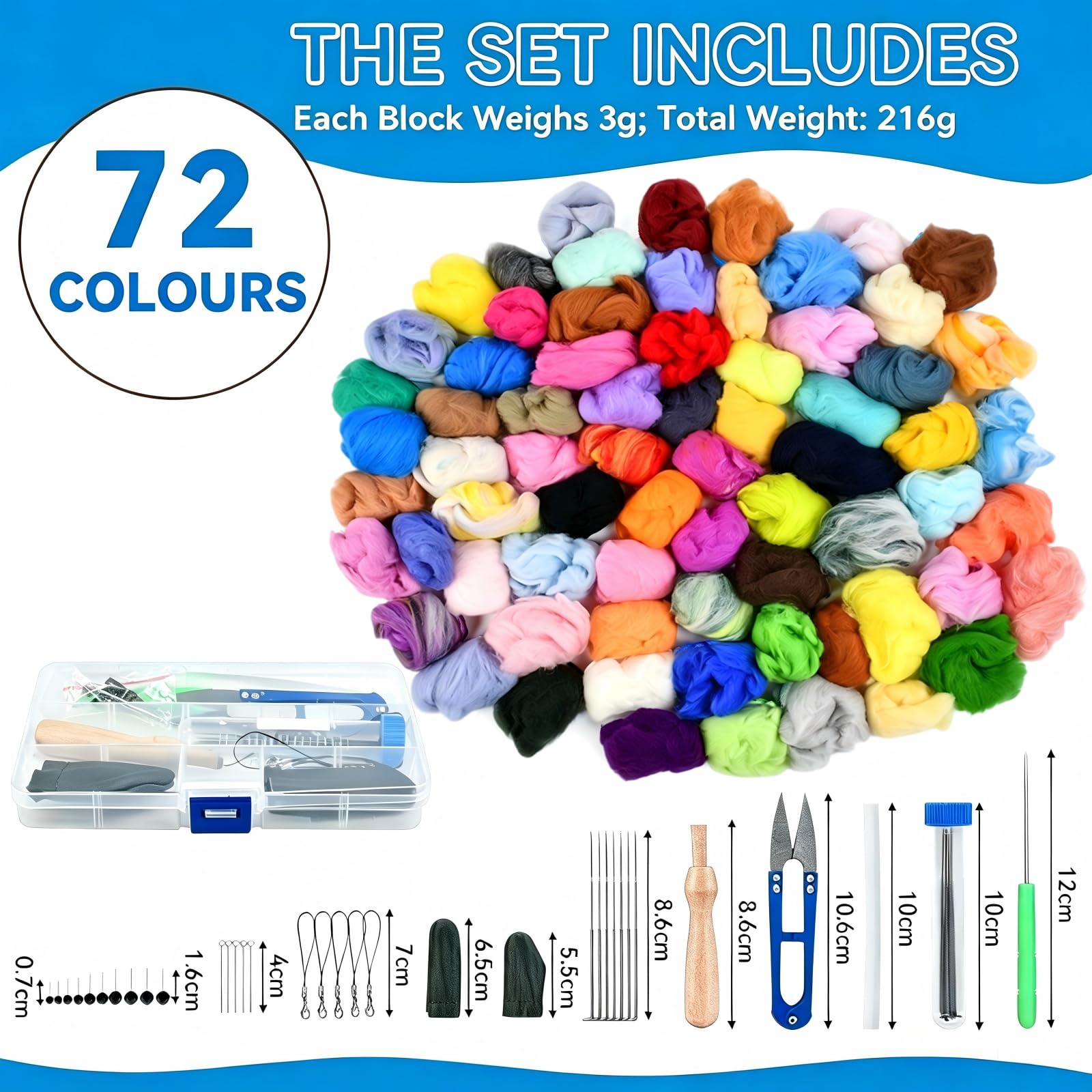 Kit de Feutre 72 Couleurs Laine Cardée – Avec Boîte, Aiguilles, Ciseaux, Dé à Coudre – Laine à Feutrer Set 72 Couleurs pour Feutrage à Sec et Mouillé – Jouet DIY, Bijou, Décoration