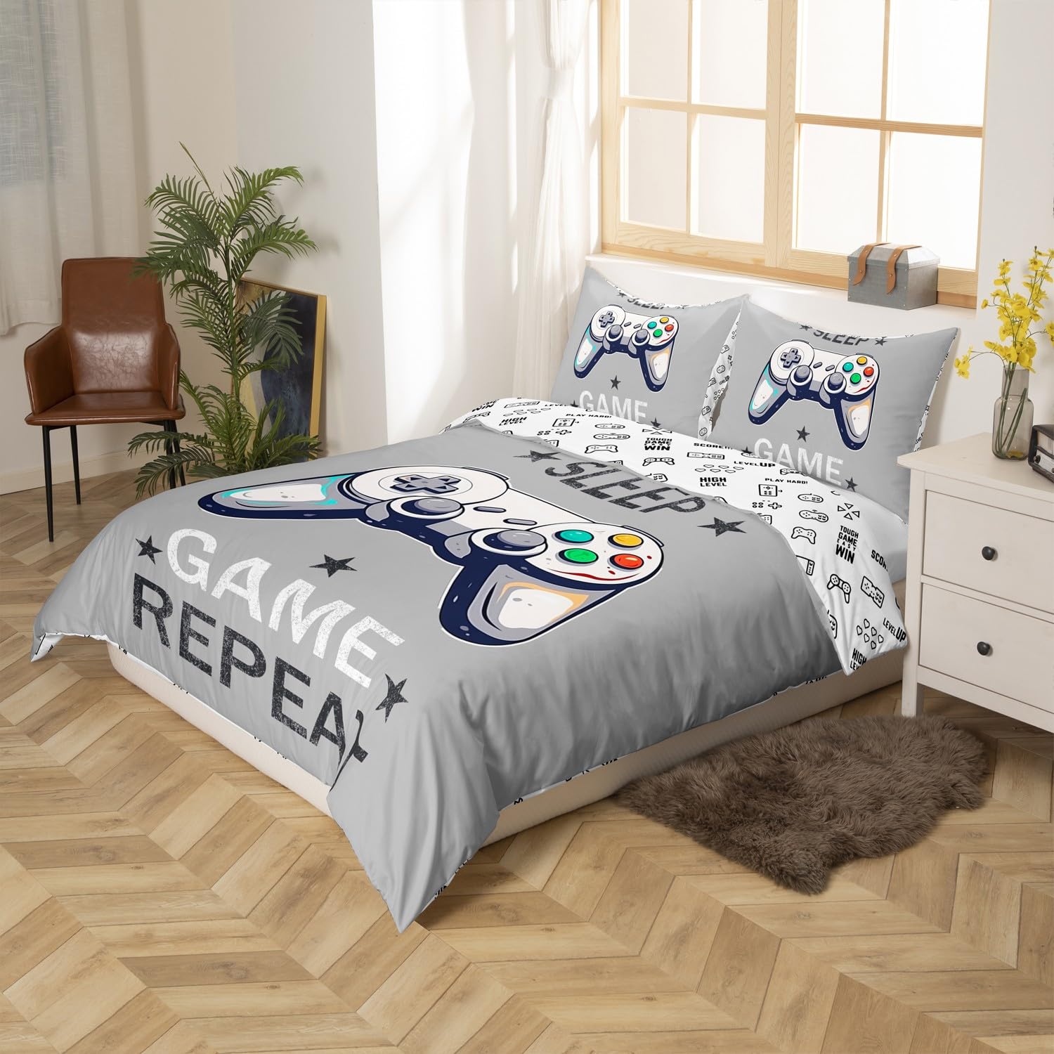 Homemissing Set di biancheria da letto con copripiumino e 2 federe, per bambini, ragazzi e adolescenti, motivo gamepad, decorazione per la stanza dei videogiochi, per bambini e ragazzi