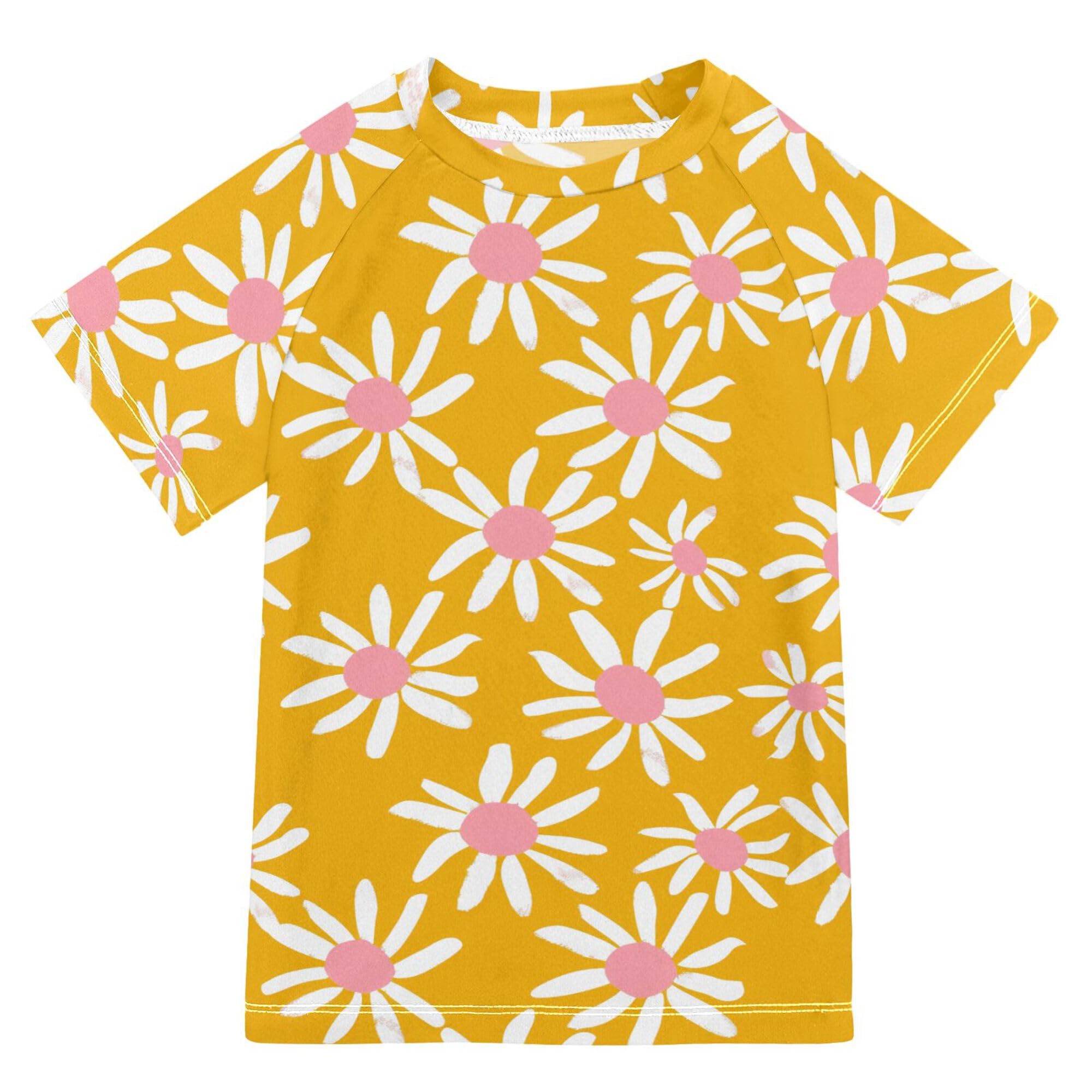 Cartoon White Daisy Yellow Kids Bathing Suit UV Protection Kids Rash Guard Swim Girls Swimwears Football Shirt for Little Boy 7-8Y