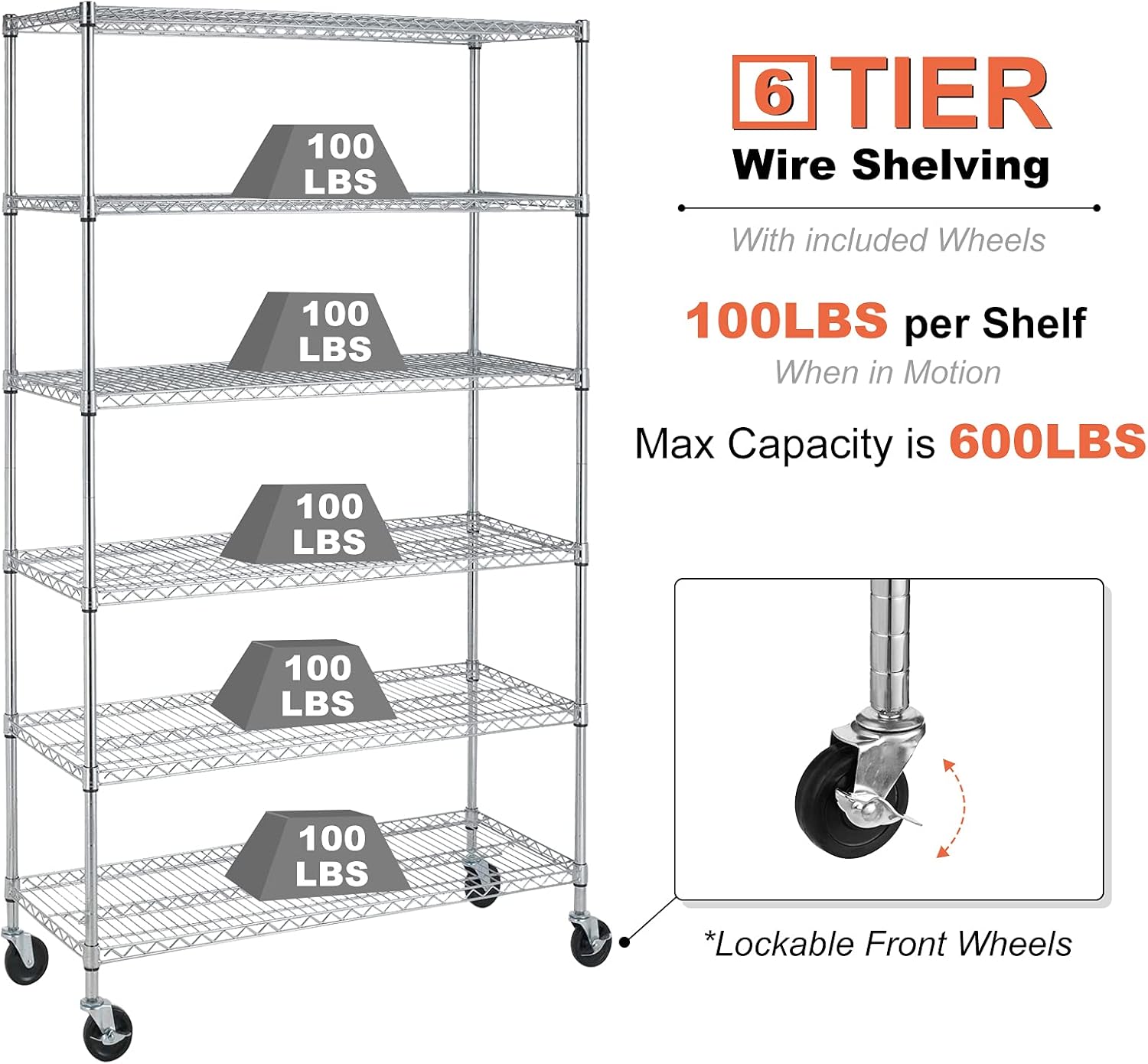 Heavy Duty 6Tier Wire Shelving Unit on Wheels Adjustable & NSF Certified 2100Lbs Capacity