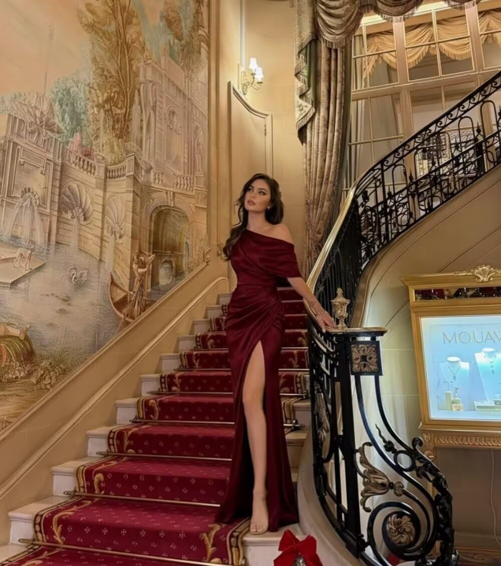 One Shoulder Bridesmaid Dress Ruched Satin Prom Dresses with Slit Mermaid Wedding Guest Party Gowns