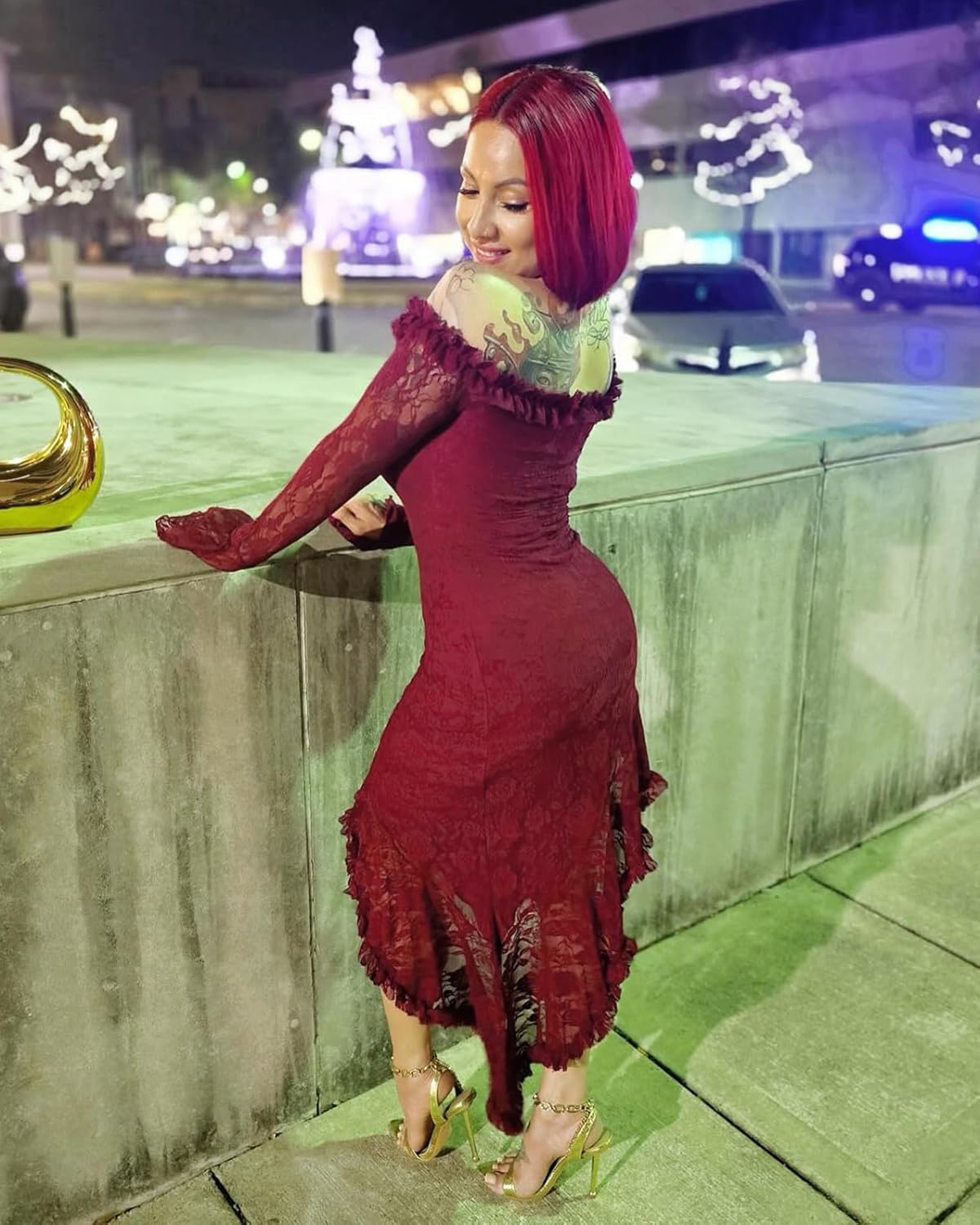 Women Elegant Floral Lace Off Shoulder Long Sleeve Evening Gown Party Cocktail Bodycon Dress - Image 3