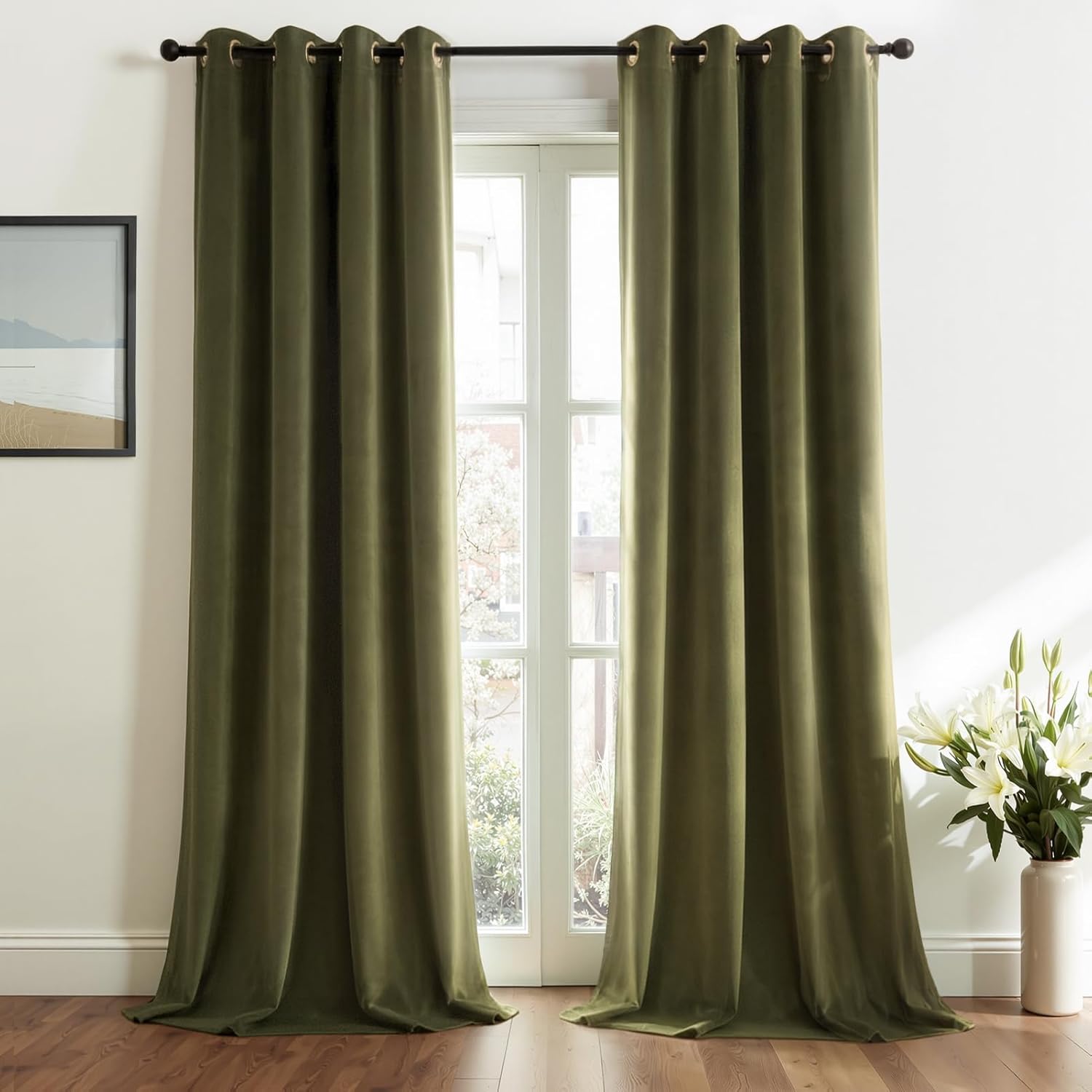 Topfinel Olive Green Velvet Blackout Curtains 84 Inches Long,Soundproof Room Darkening Dark Green Thermal Insulated Boho Elegant Moody Grommet Curtains for Living Room Bedroom 2 Panels