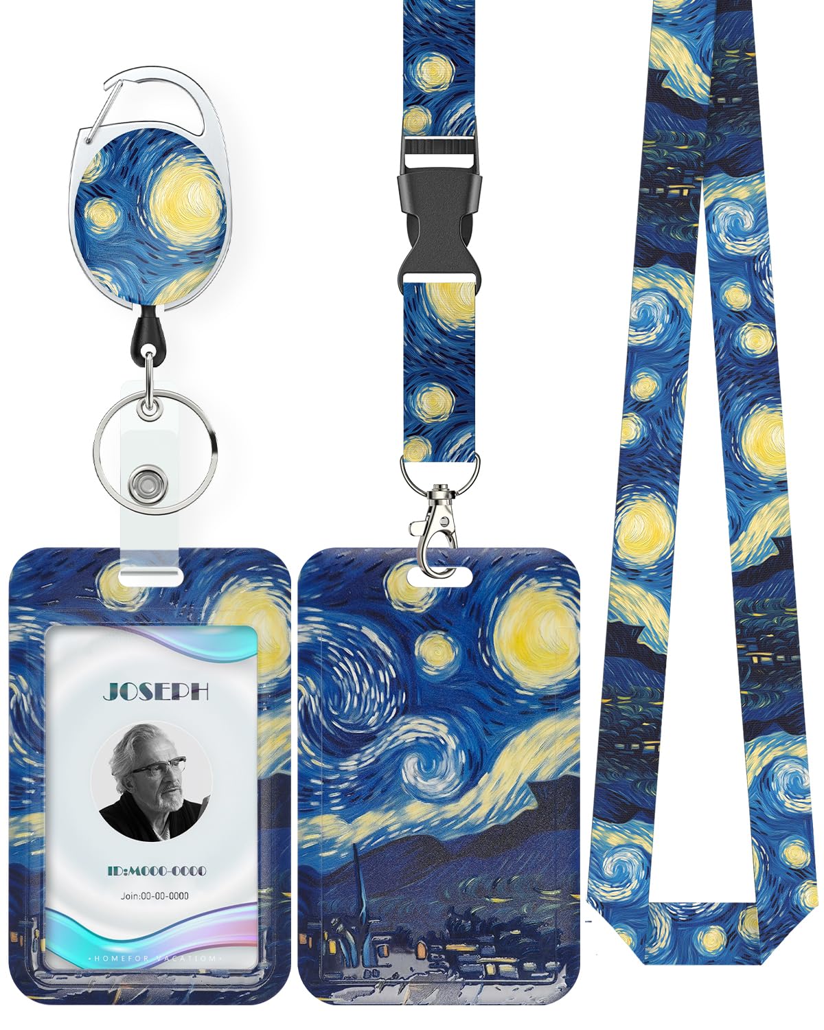 Uniclife Porta Tarjetas Identificativas La Noche estrellada Portatarjetas de Plástico Retráctil Mosquetón Cordón Desmontable Protector Vertical Tarjetas Empleados Oficina Enfermera Estudiante
