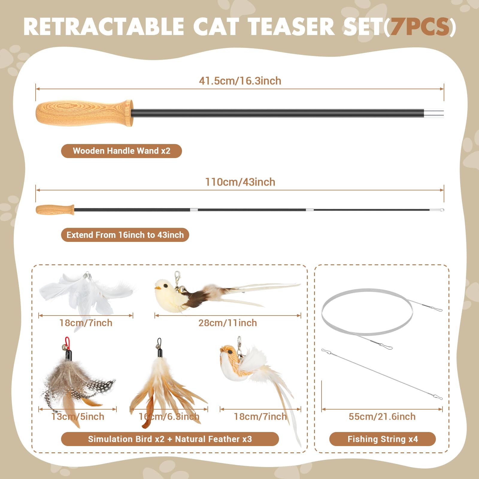 ROSAUI Cat Teaser Wand Toys Set, 2 Extendable Rods with 5 Attachments (3x Feathers & 2x Birds), Wooden Handle - Image 2