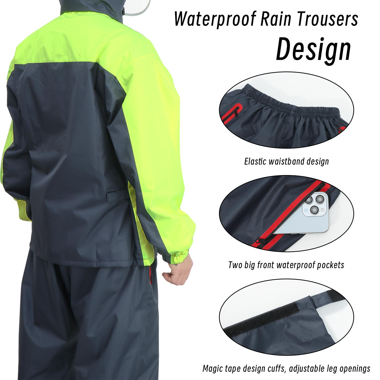 LY4U Uomo Impermeabile Tuta da Pioggia, Abbigliamento da Lavoro Giacca e Pantaloni da Ciclismo con Cappuccio, Tuta Impermeabile con Striscia Riflettente Sicura