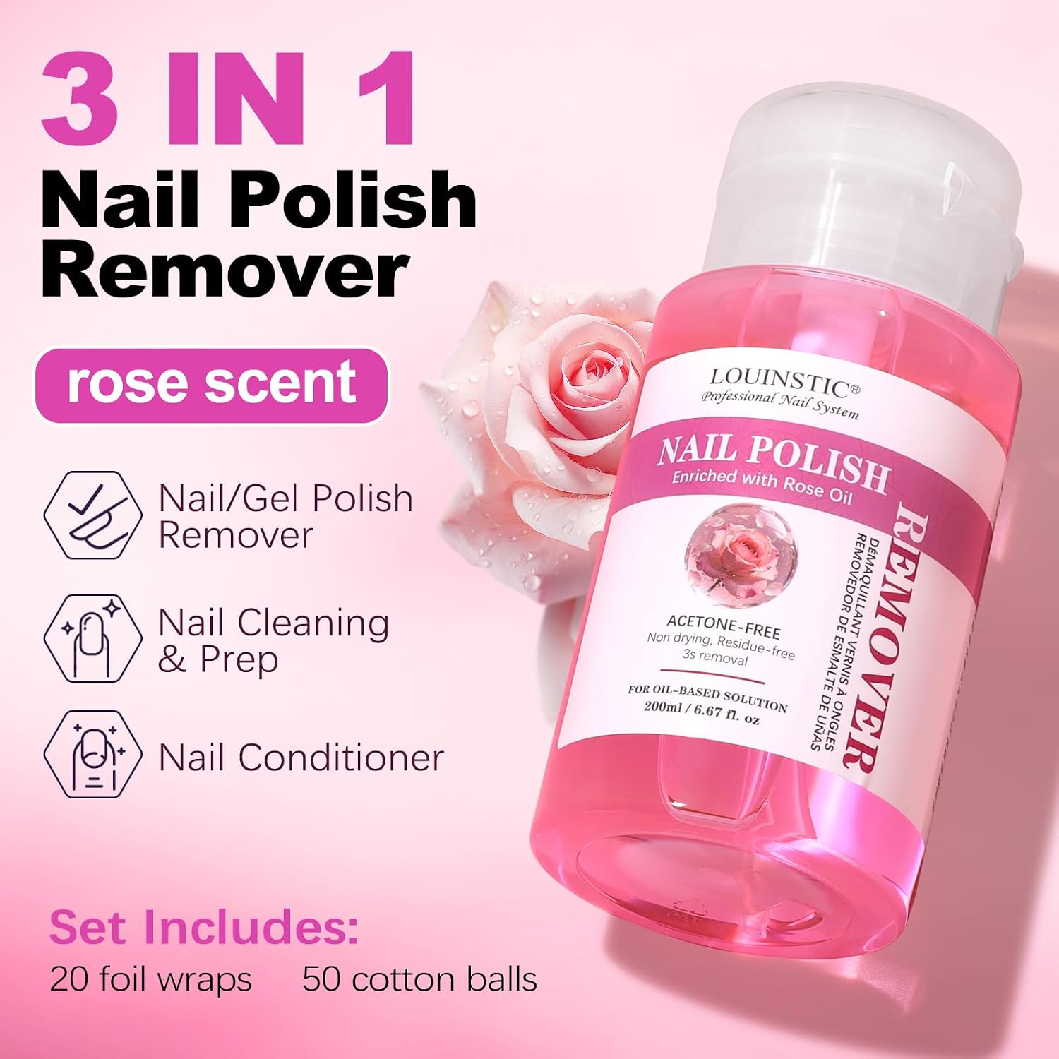 LOUINSTIC Nail Polish Remover – Press Pump, Rose Oil Formula, 6.8 Fl Oz | Easily Removes Nail Polish in 5s, Gentle & Low-Odor Nourishment Formula, Fast-Acting Nail Remover with Foil & Cotton Balls