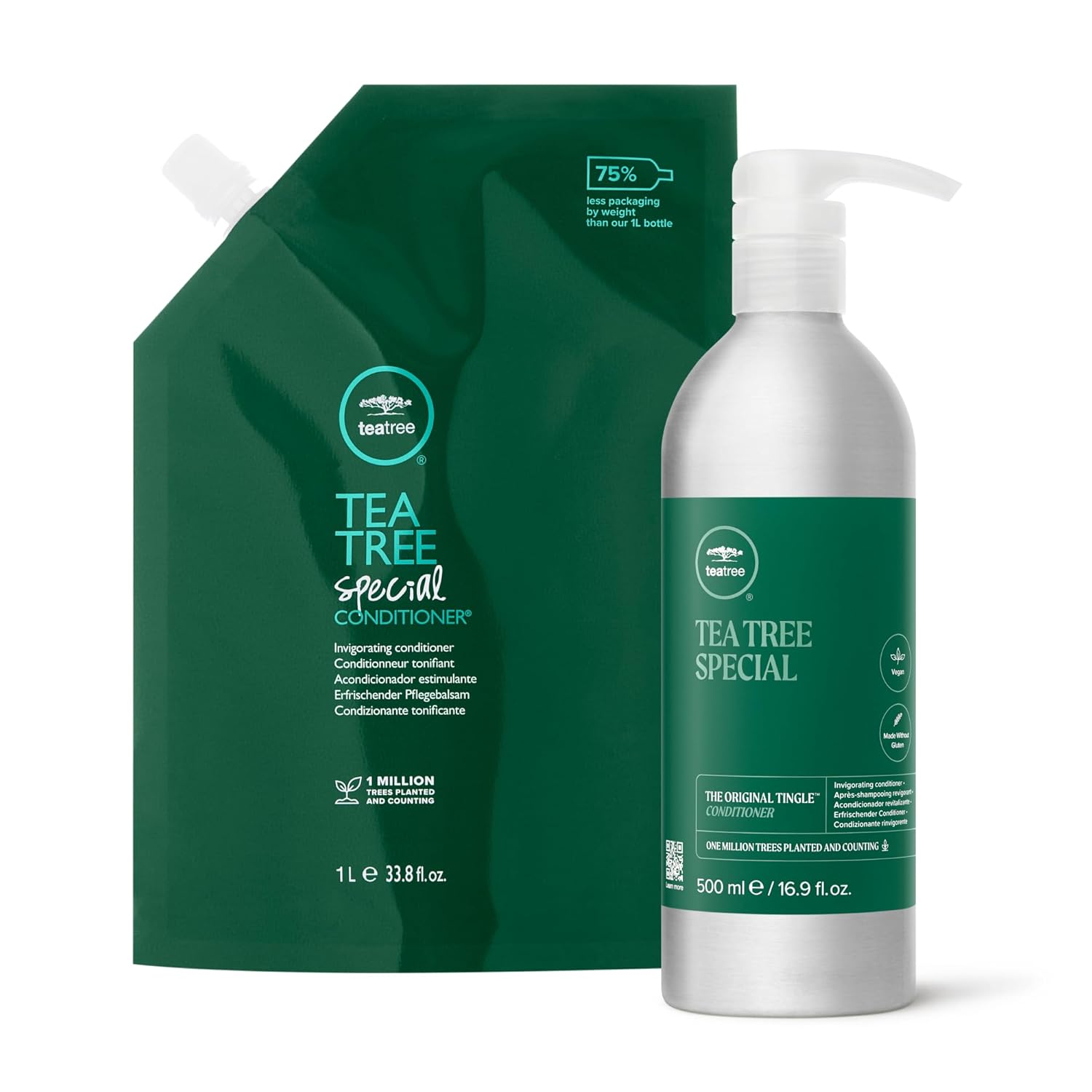Tea Tree Special Conditioner Aluminum Bottle, 16.9 fl. oz and Refill Pouch, 33.8 fl. oz, Detangles, Smooths + Softens, For All Hair Types, Set