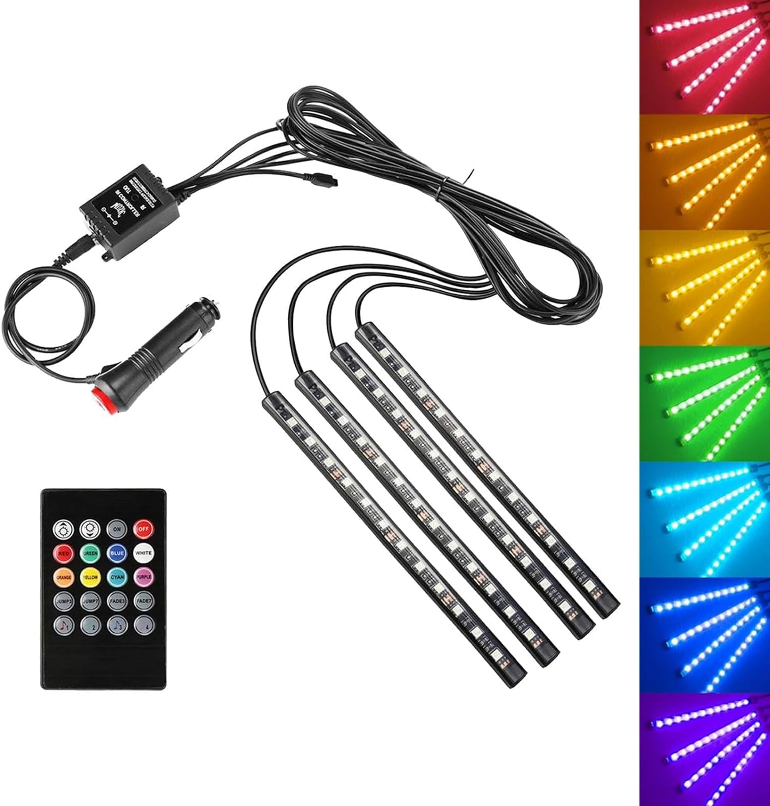 4 PCS Car Interior LED Atmosphere Light Strip, Music Voice-Activated RGB Multimode Control Light Bar with Remote USB, One Drag 4 Feet Neon Light, Universal Cool Lighting for Car (Multicolored)