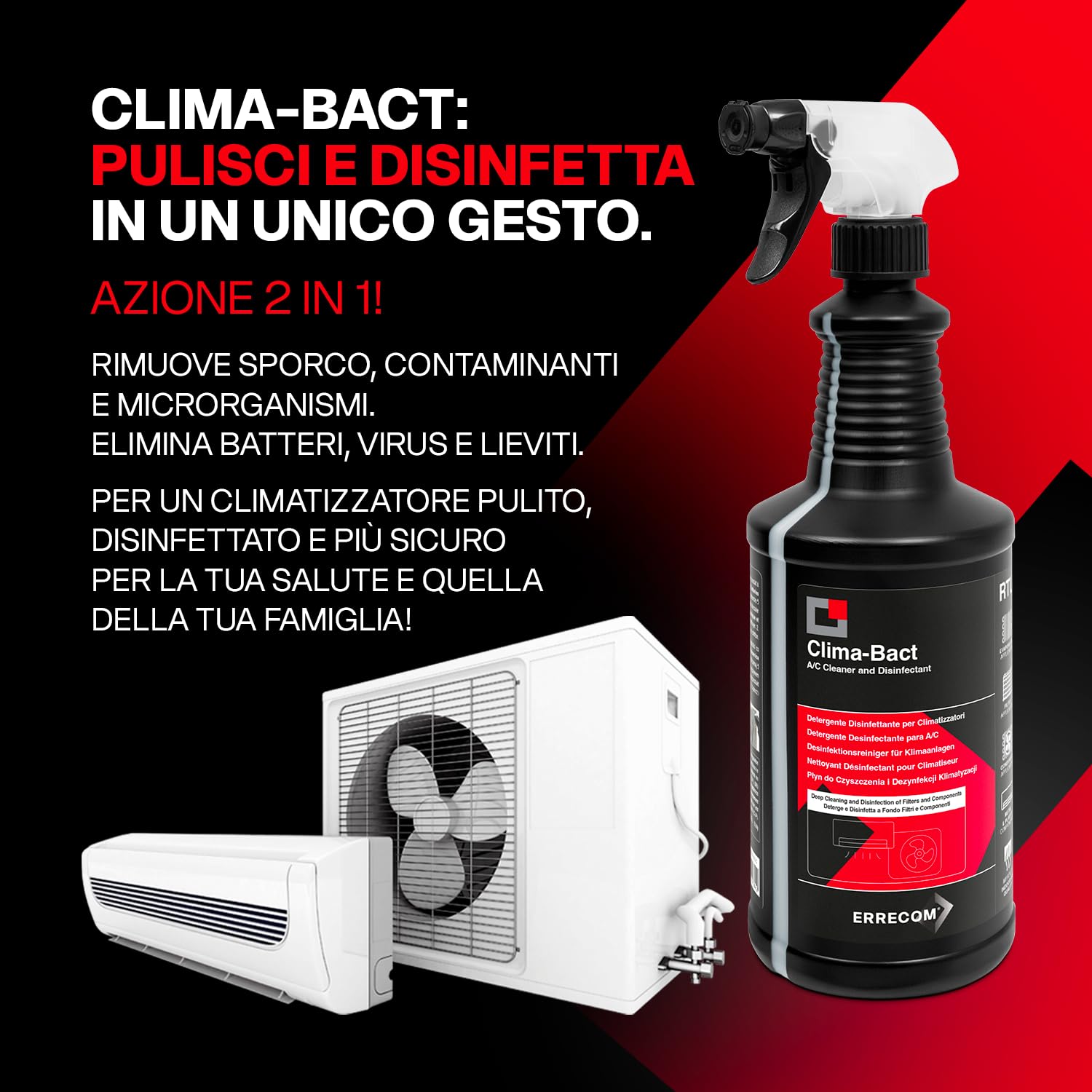 ERRECOM Clima-Bact Detergente Disinfettante per Climatizzatori, Biocida Registrato, Elimina Batteri, Virus, Sporco, Odori, Pulisce e Disinfetta Filtri, Batterie Alettate e Superfici,Biodegradabile,1L