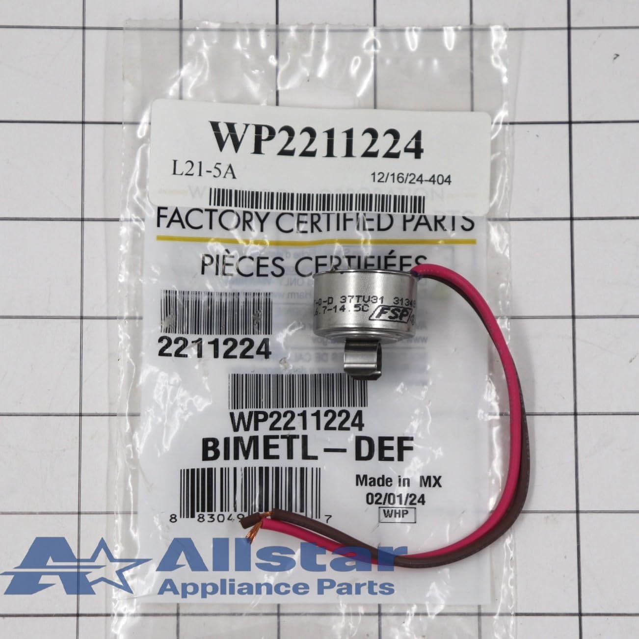 WP2211224 Refrigerator Bimetal Defrost Thermostat