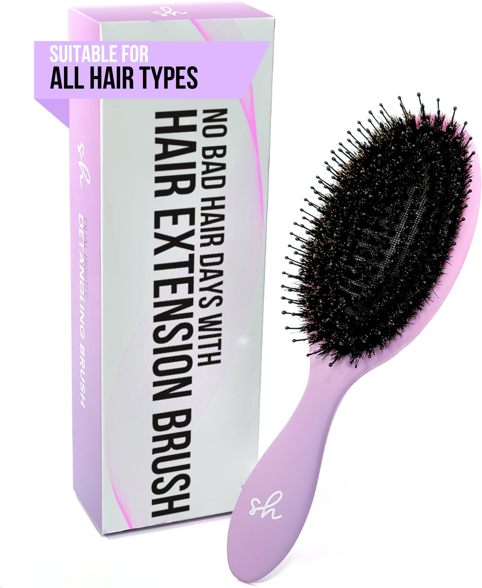 SimplyHair Ultimate Hair Extension Brush & Detangler Anti-Static, Dual Bristle Design, Soft Boar Bristle, Great for All Hair Types & Extensions - Pink & Purple Ombre Brush Ideal for Adults & Kids