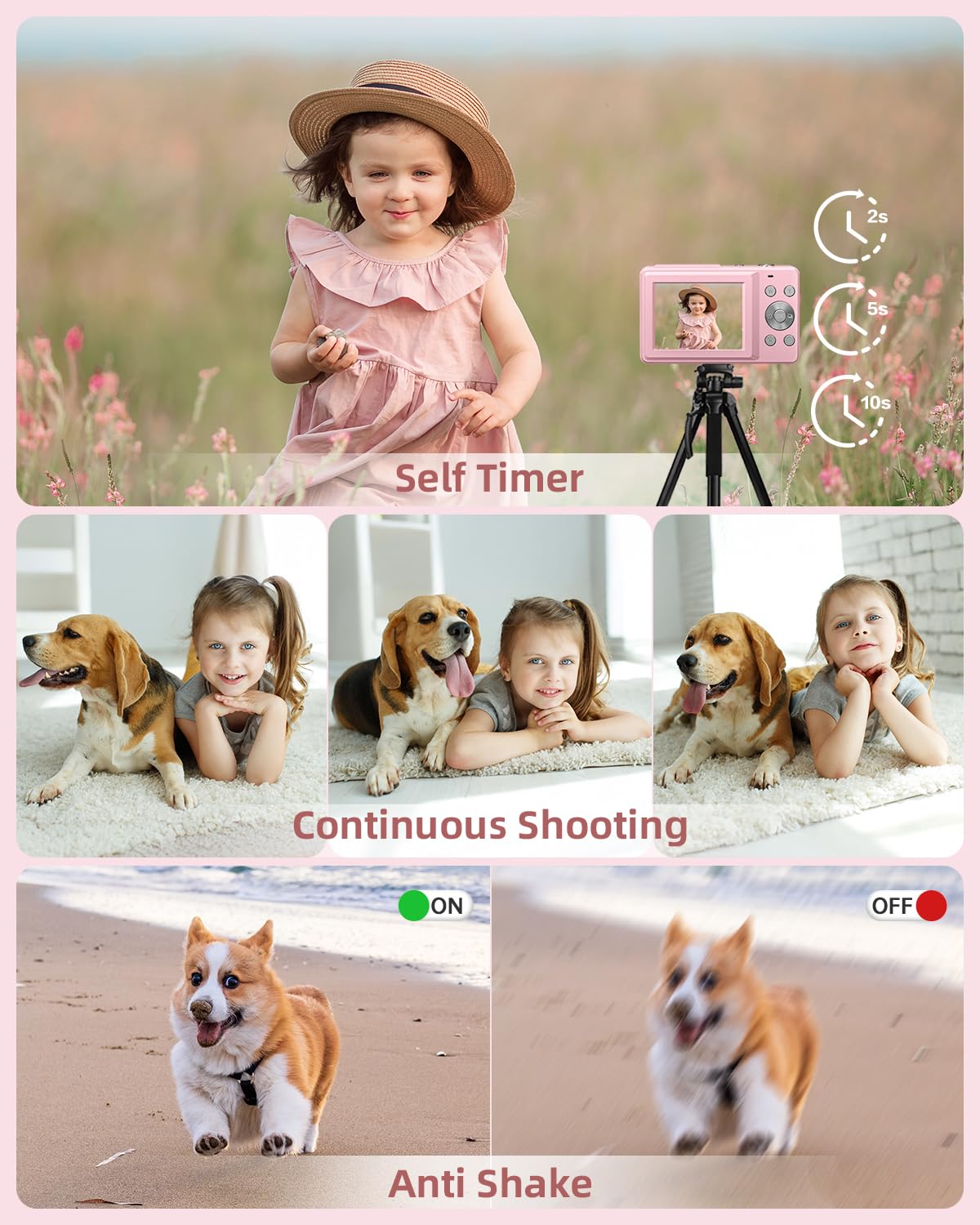 CAMKORY Digital Camera, Full HD 1080P Point and Shoot Camera, 44MP Kids Camera with 32GB Card, 16X Zoom, Pink — view 5