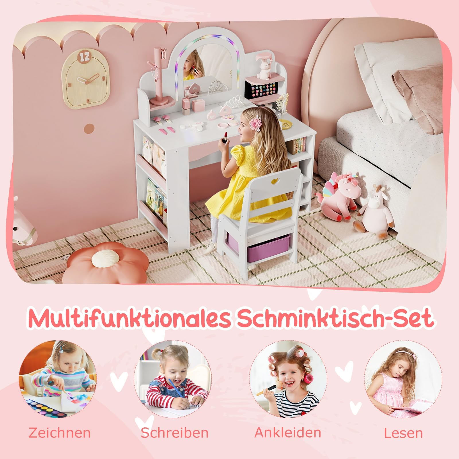 FANTASK 2 in 1 Schminktisch Kinder Set, Schreibtisch Holz mit Buntem Spiegel & Bücherregal, Prinzessin Frisiertisch mit Regalen, Schmuckhalter & Stoffbox, Kosmetiktisch für Mädchen ab 3 Jahren (Weiß)