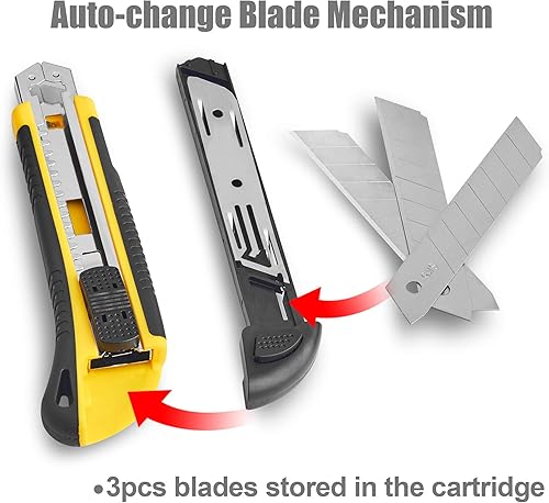 Miniatura 5 de DOWELL Cortador de caja de cuchillos retráctil, autocarga, resistente, a presión, cambio rápido, cuchillas adicionales (3 unidades) TPR+PP mango de