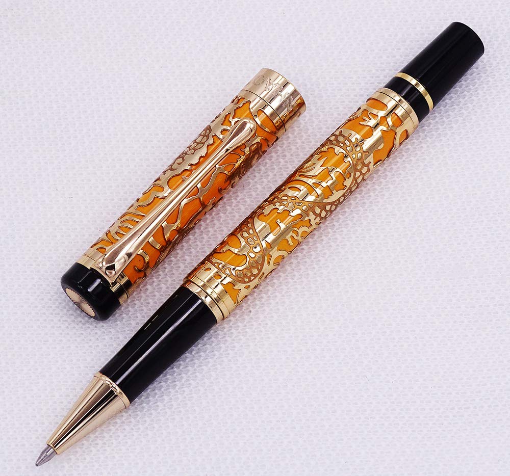 Jinhao 5000 Stylo roller à bille avec étui pour stylo Motif dragon en relief 3D Orange