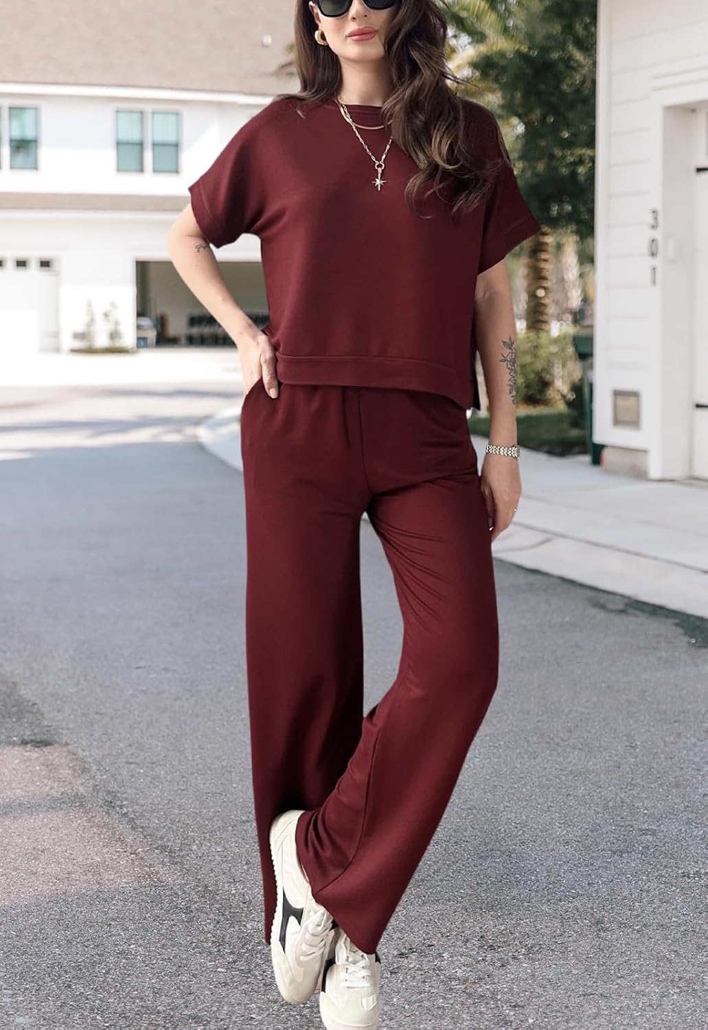 Women's 2 Piece Outfits Summer Casual Short Sleeve Pullover Tops Wide Leg Pants Sets Jumpsuits - Image 4