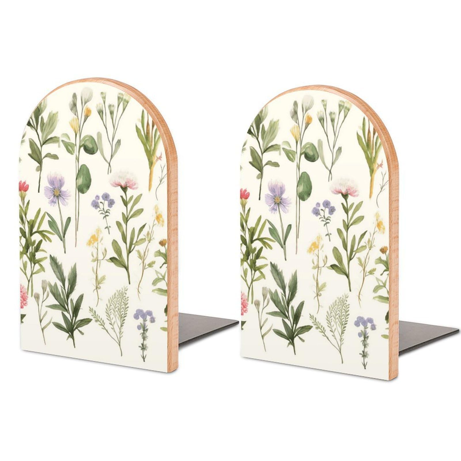 Beech Wood Book Ends Season Watercolors of Herbs Flowersb Printed Bookend for Shelves Home Decorative Bookends for Heavy Books for Office Bookshelves
